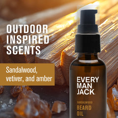 Every Man Jack sandalwood beard oil ingredients graphic highlighting natural oils for beard health.