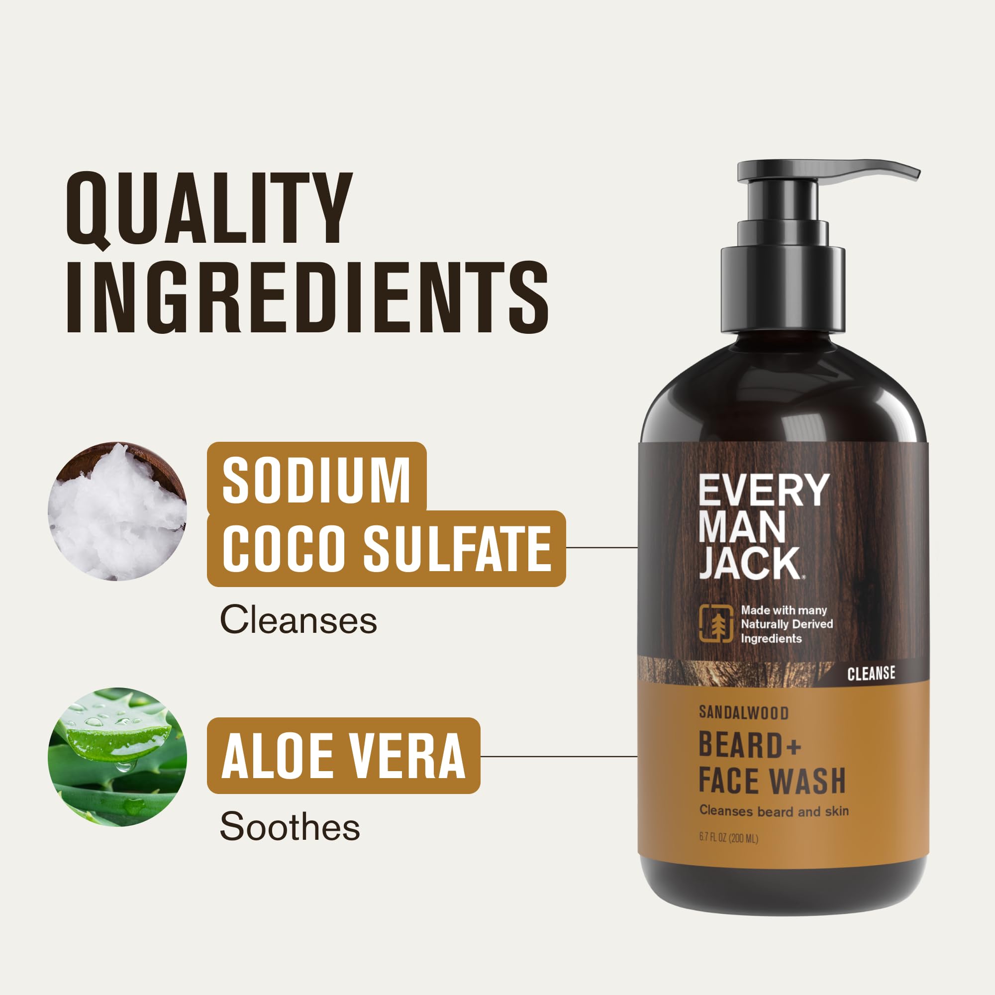Every Man Jack Sandalwood Beard Wash with Aloe Vera nourishes beard and skin.