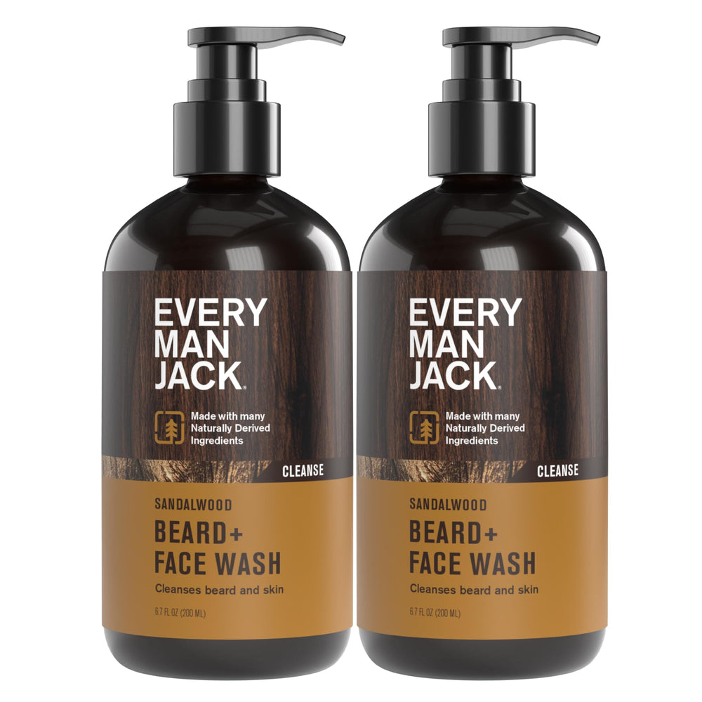 Every Man Jack Sandalwood Beard Wash bottle front view for everyday cleansing.