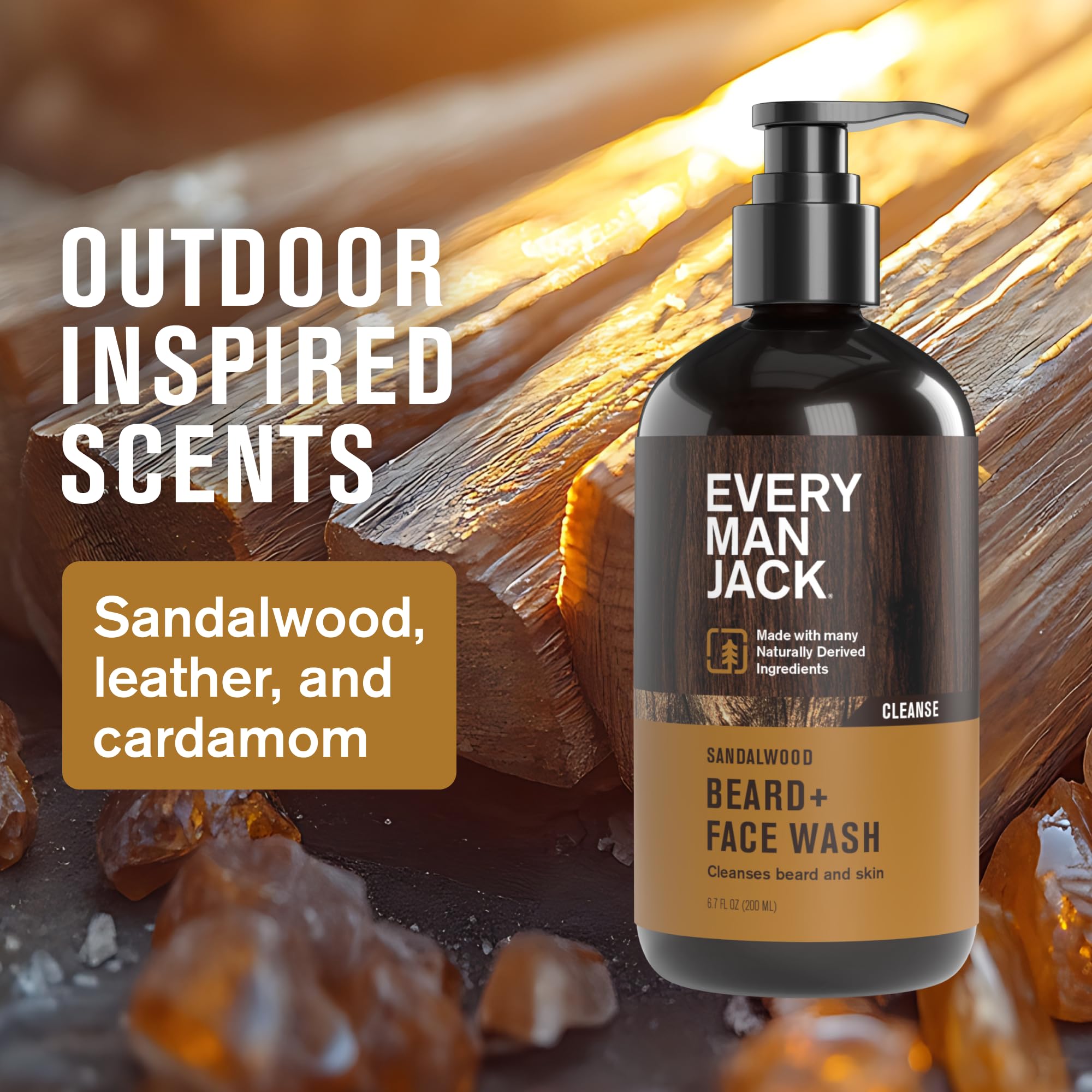 Every Man Jack Sandalwood Beard Wash foam close-up highlights rich lather.