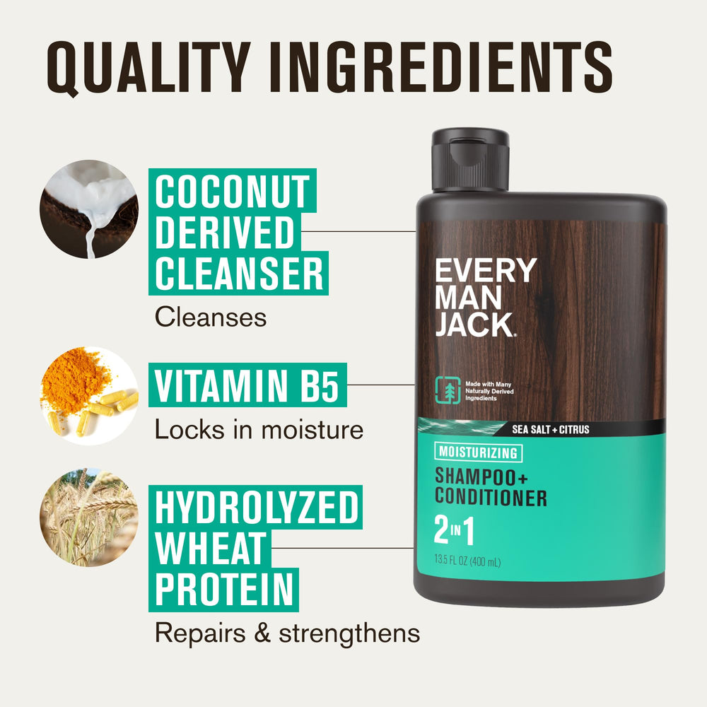 Every Man Jack Sea Salt 2in1 bottle in rugged shower scene.