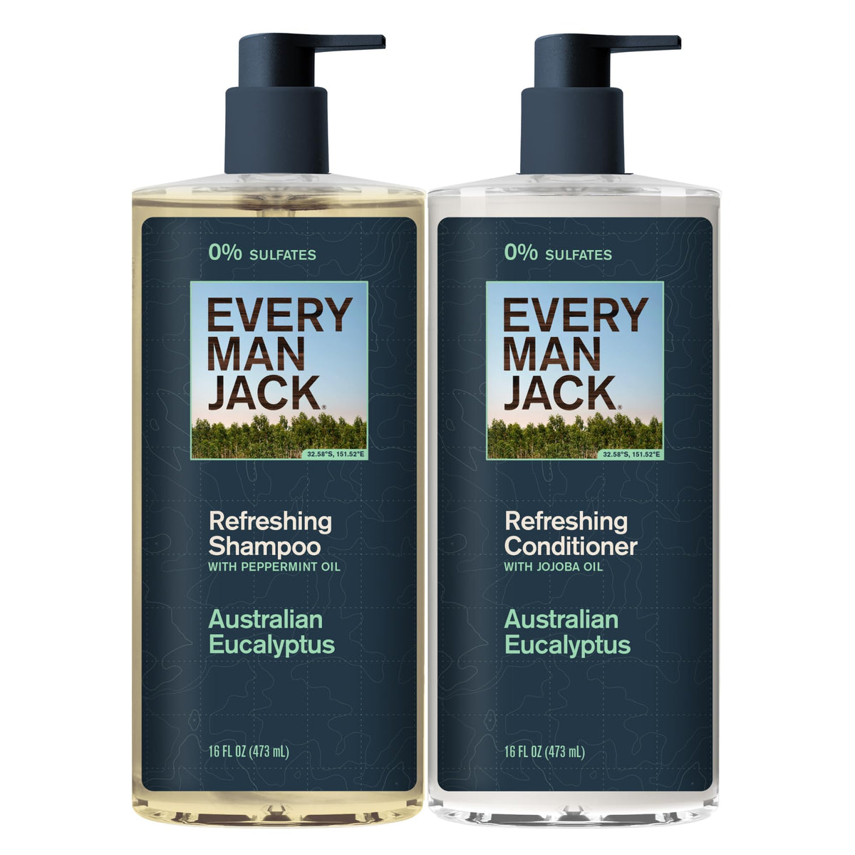 Every Man Jack shampoo Australian eucalyptus bottle pouring for a refreshing scalp cleanse.