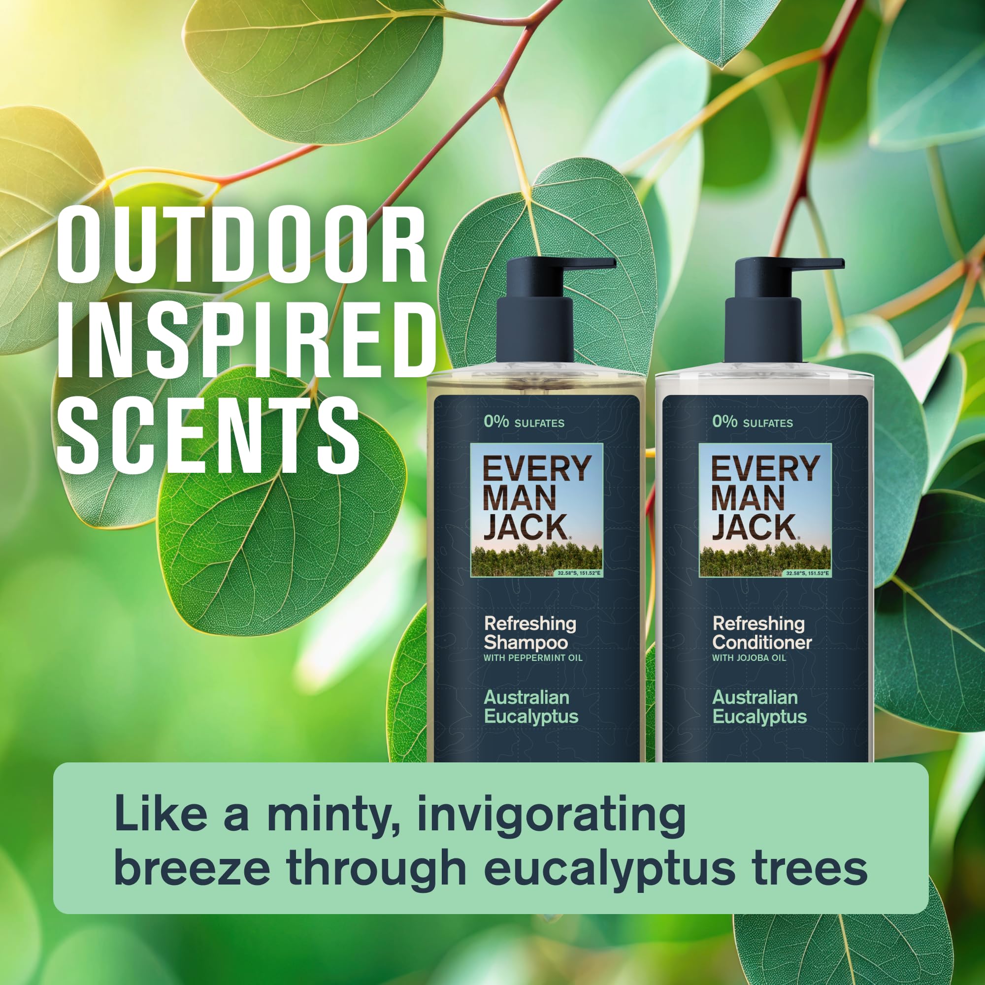 Every Man Jack shampoo with minty scent ideal for energized morning showers.