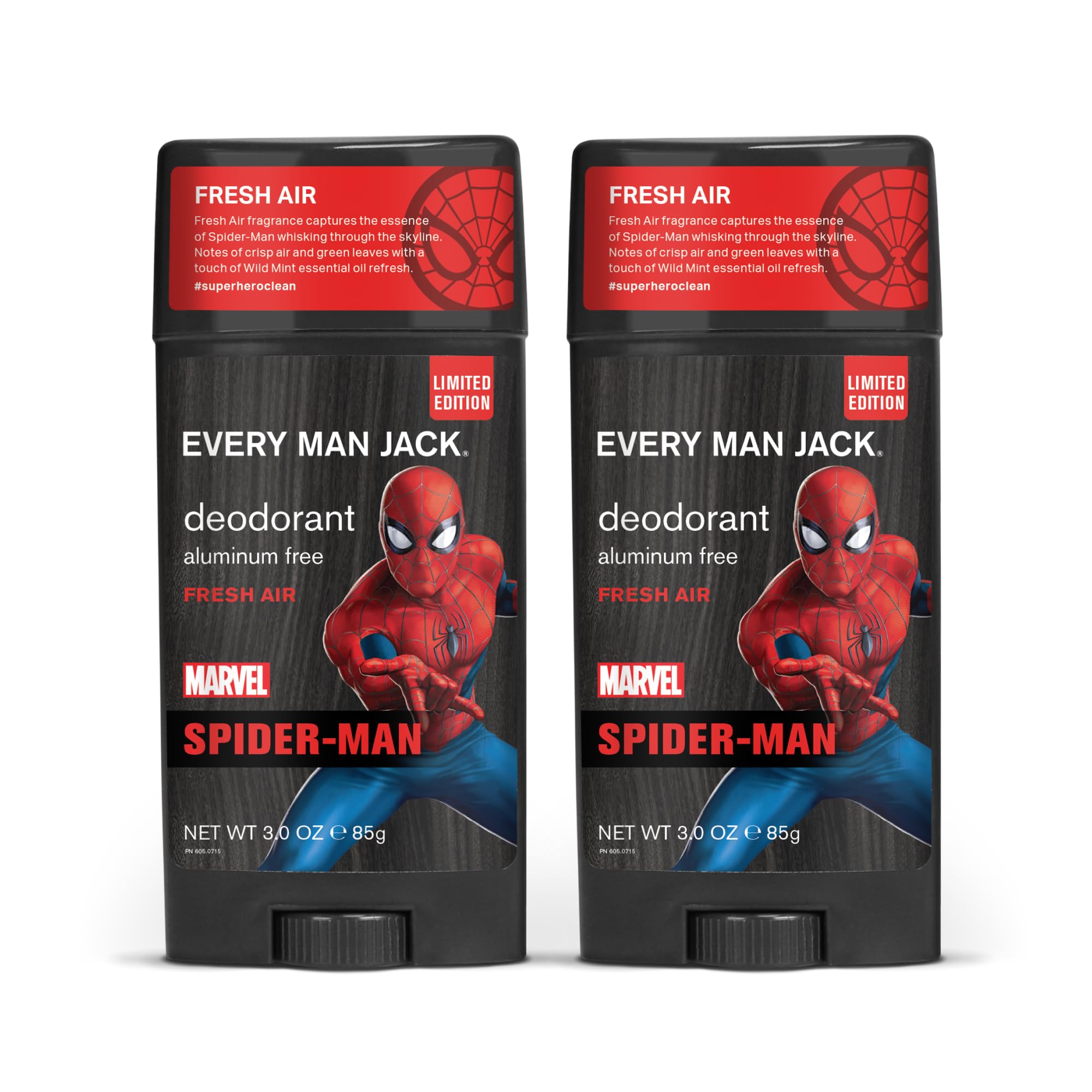 Every Man Jack Spider-Man deodorant twin pack front view with long-lasting odor control.