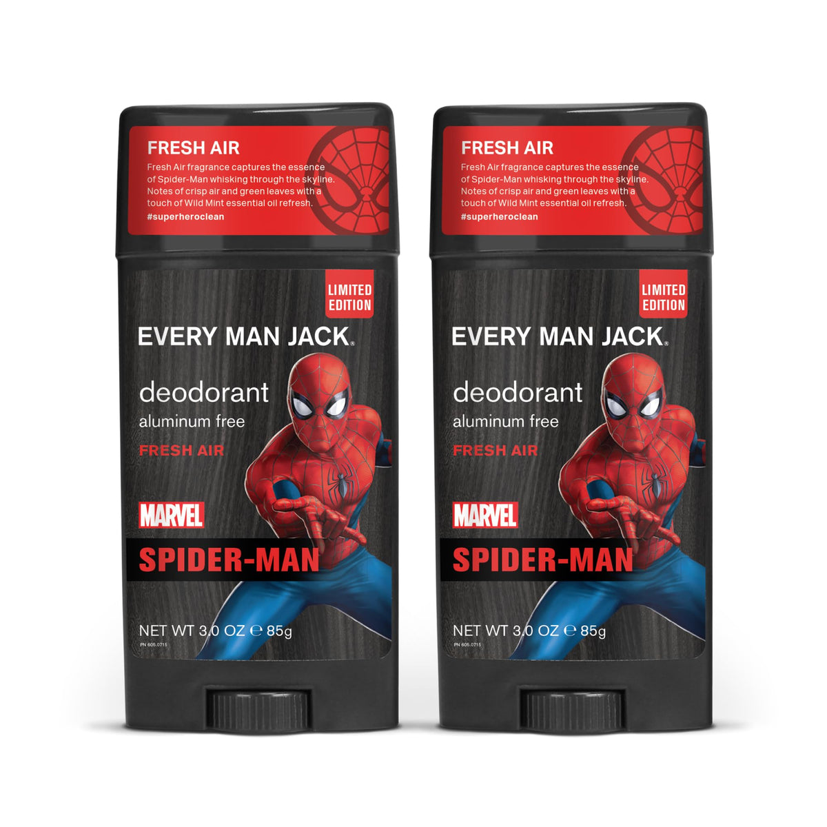 Every Man Jack Spider-Man deodorant twin pack front view with long-lasting odor control.