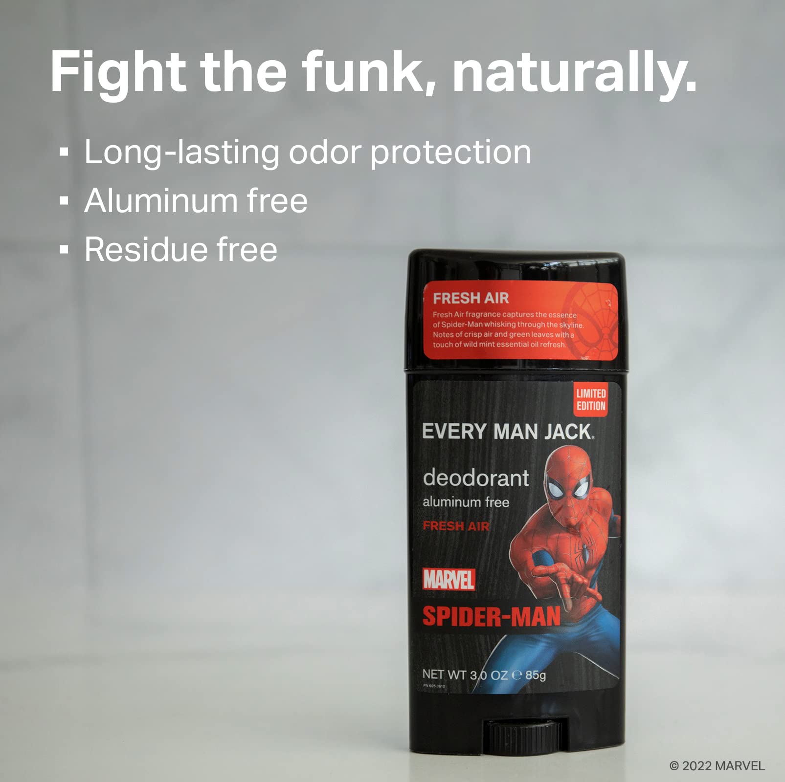 Every Man Jack Spider-Man twin-pack side view highlighting natural ingredients and fresh scent.