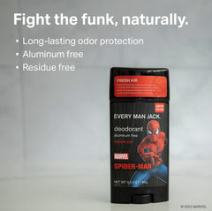 Every Man Jack Spider-Man twin-pack side view highlighting natural ingredients and fresh scent.
