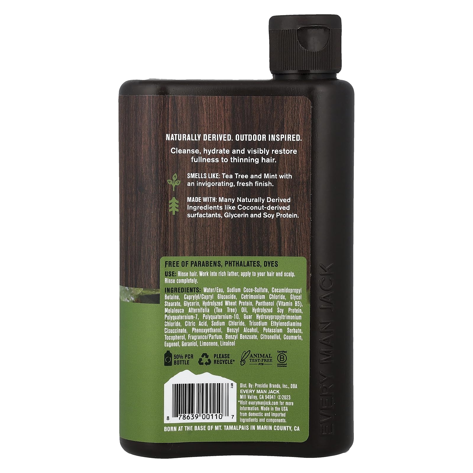 Every Man Jack thickening shampoo bottle shows creamy lather for fuller hair