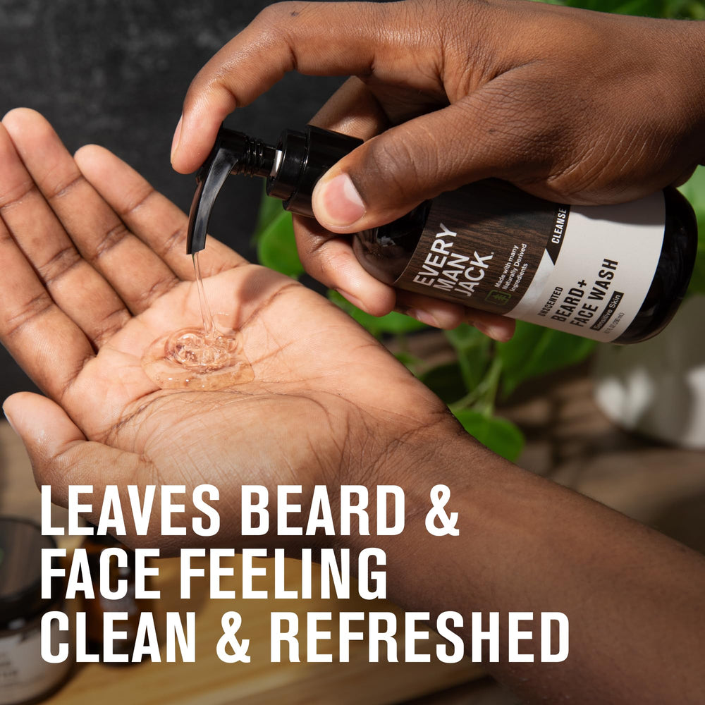 Label on Every Man Jack Unscented Beard Face Wash highlighting fragrance-free formula