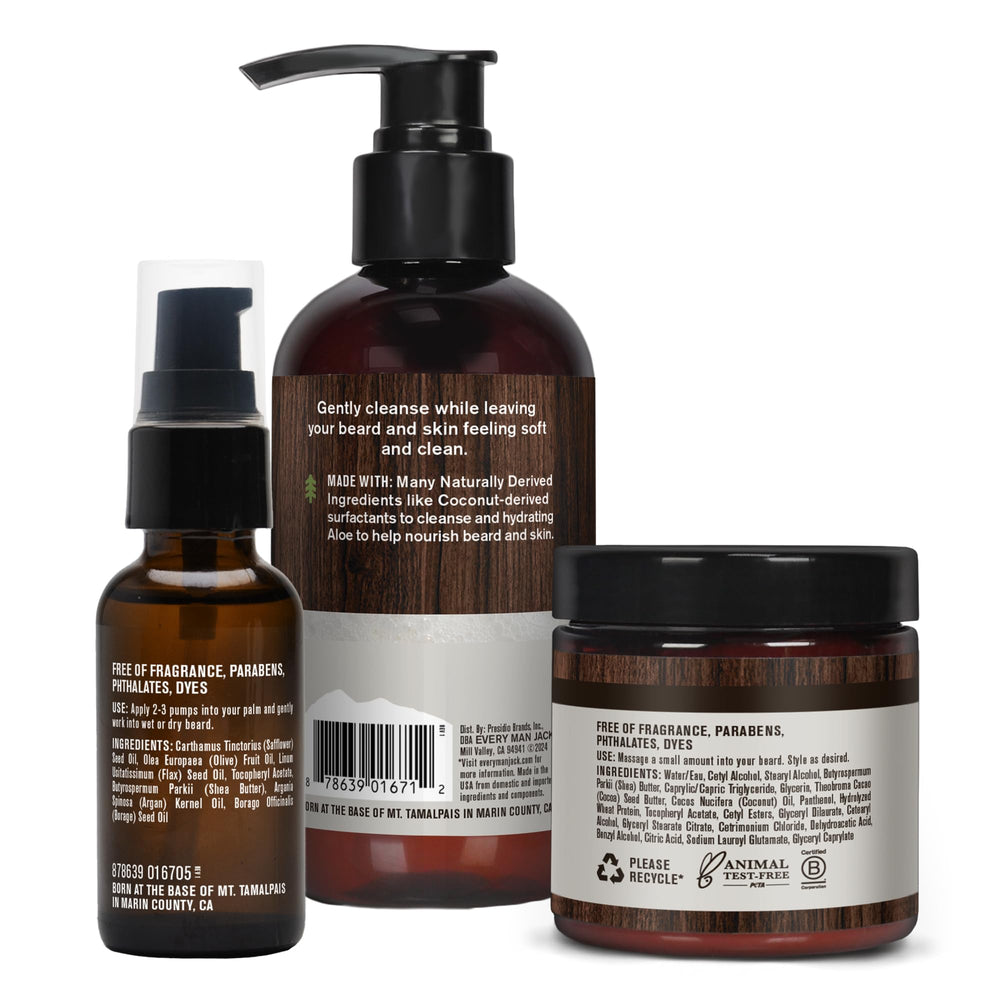 Every Man Jack unscented beard kit on bathroom shelf for easy daily care