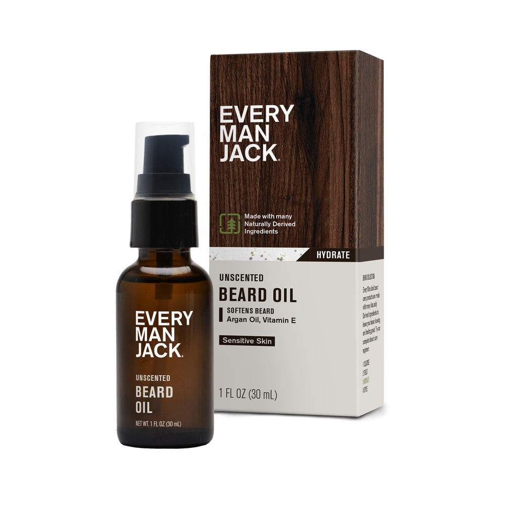 Every Man Jack unscented beard oil bottle pour for fragrance-free hydration.