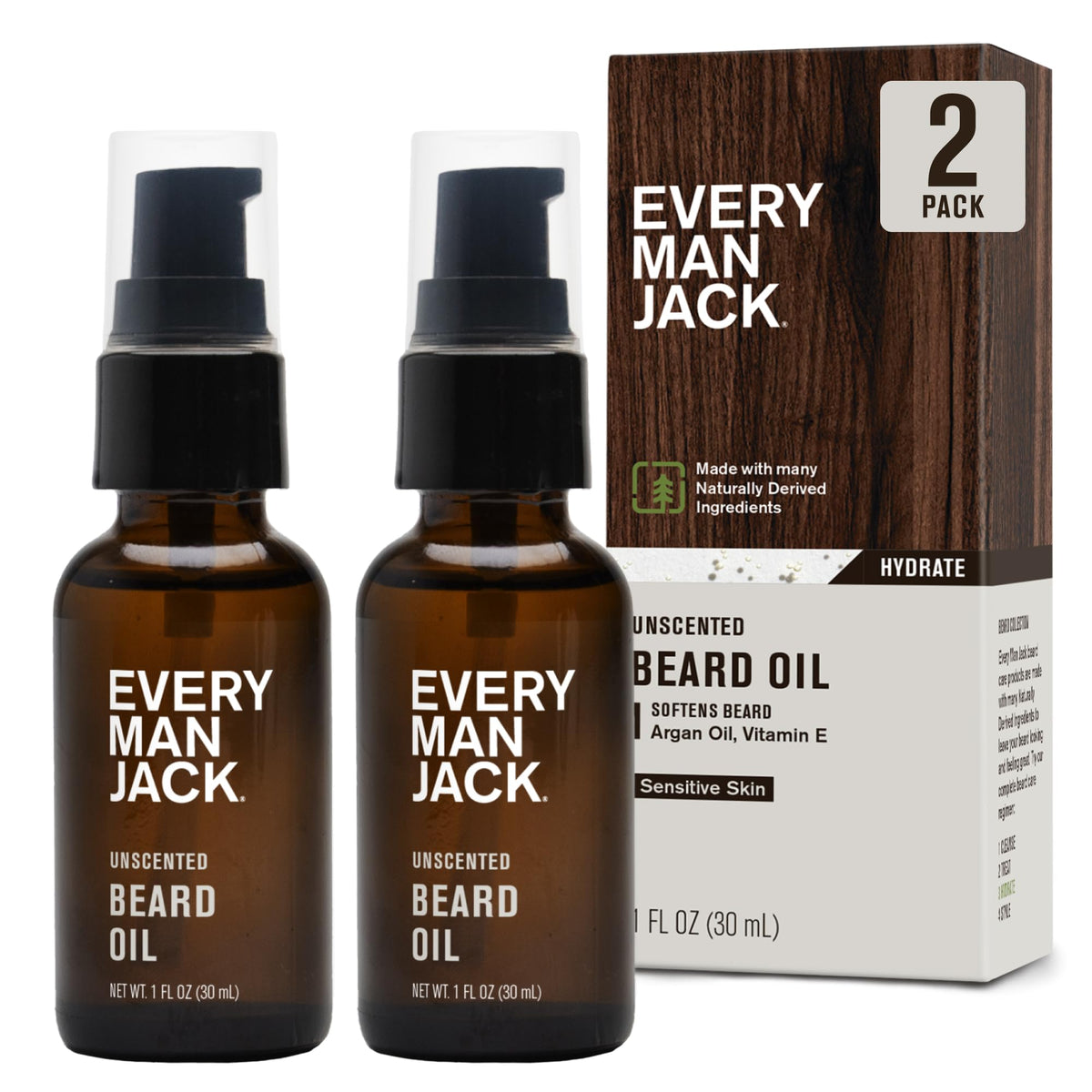 Every Man Jack unscented beard oil bottle for fragrance-free grooming.