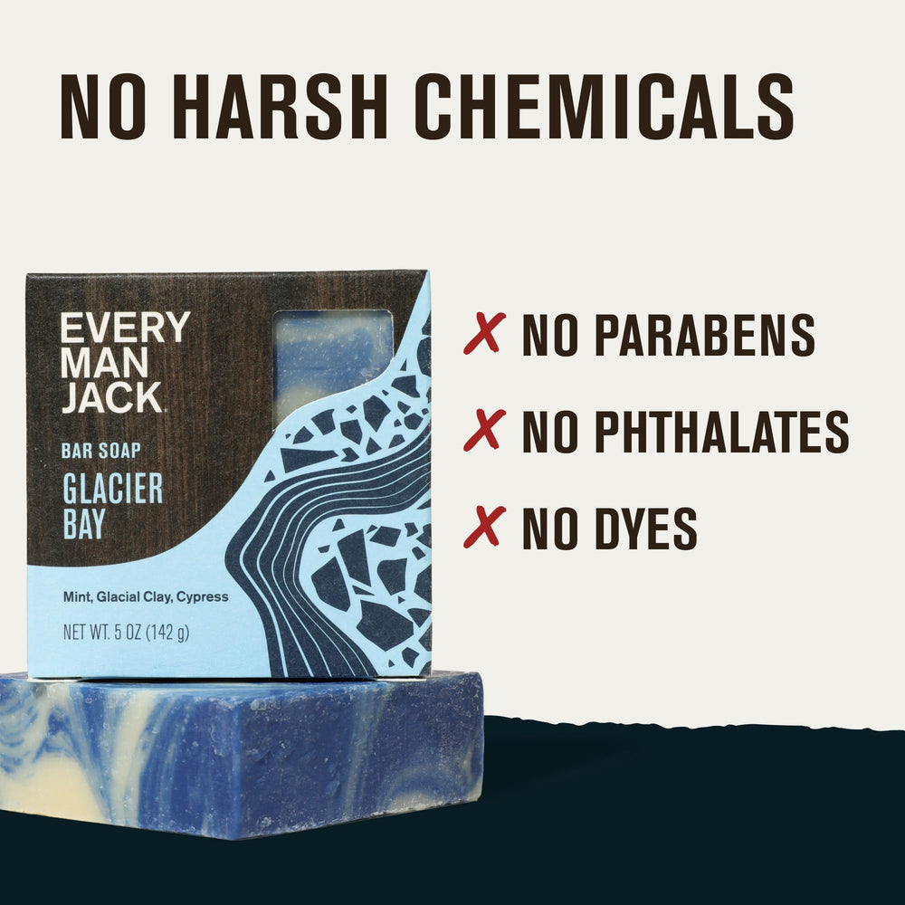 Every Man Jack bar shown in a shower setting promotes quick daily routines.
