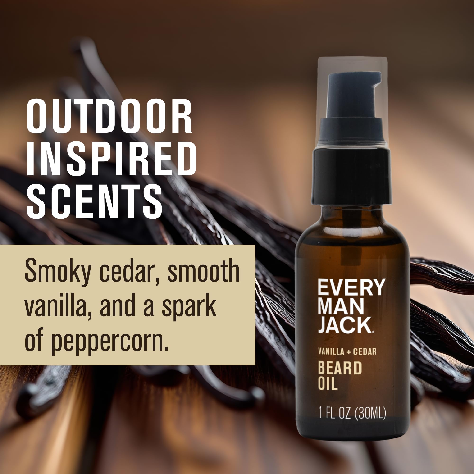 Hands applying Every Man Jack Vanilla Cedar Beard Oil for softness.