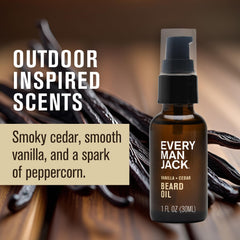 Hands applying Every Man Jack Vanilla Cedar Beard Oil for softness.