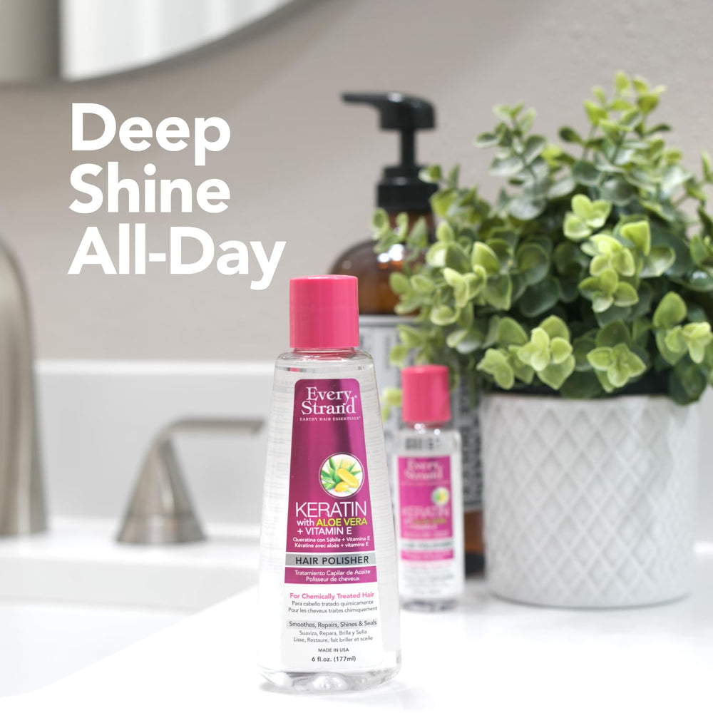 Every Strand product trio on a shelf conveys a complete keratin care routine.