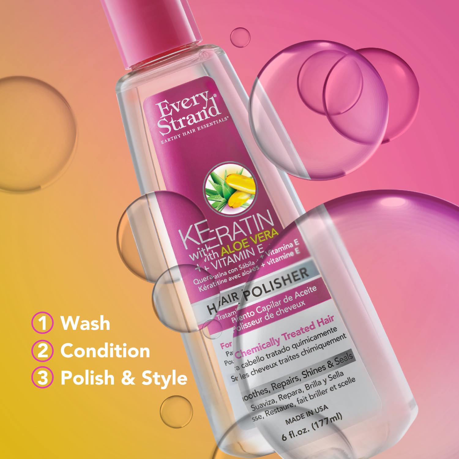 Every Strand daily-use scene on a bathroom shelf communicates routine-friendly keratin hair care.