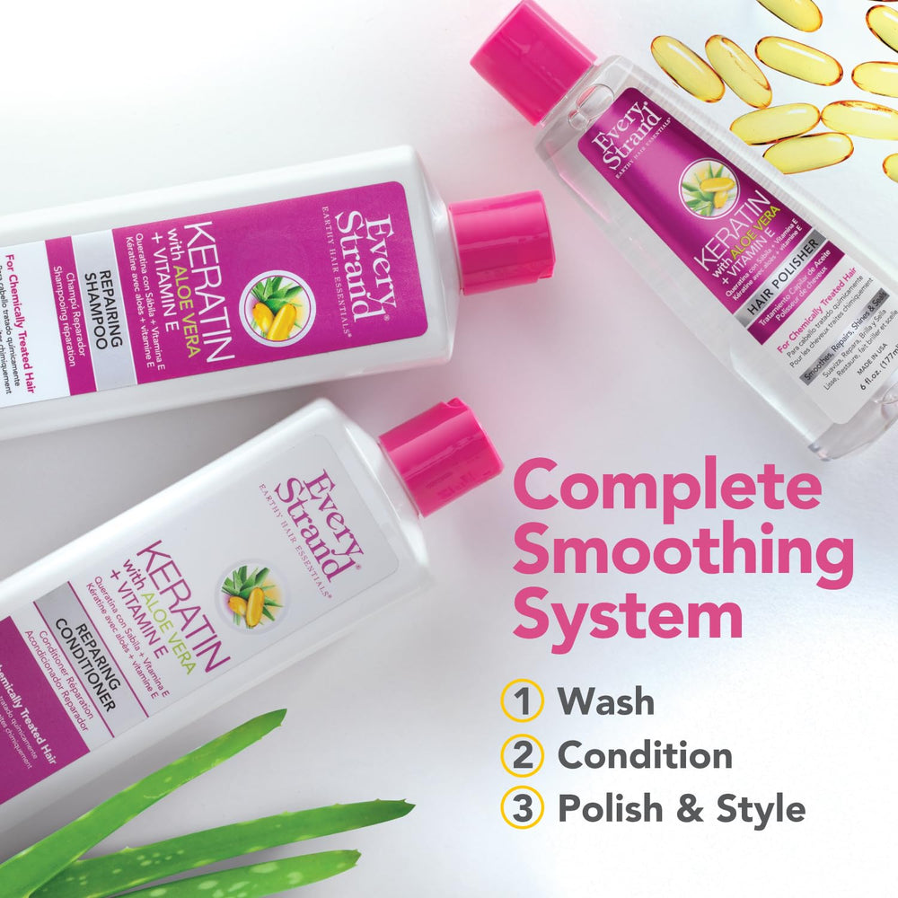 Every Strand ingredients graphic shows aloe vera and vitamin E for nourishing care.