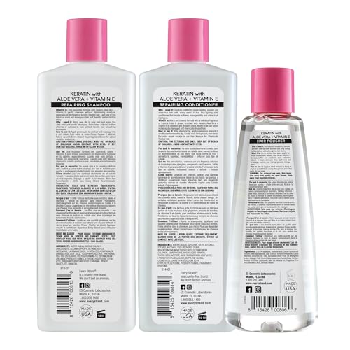 Every Strand Keratin Conditioner bottle front highlights smoothing action for frizz-free, stronger strands.