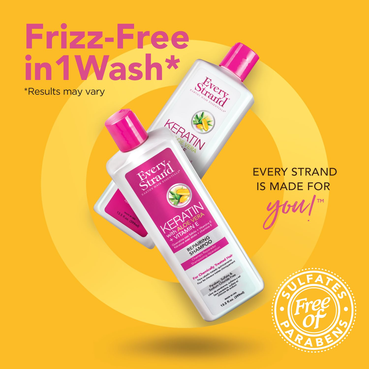 Every Strand sulfate-free badge emphasizes color-safe and keratin-friendly cleansing.
