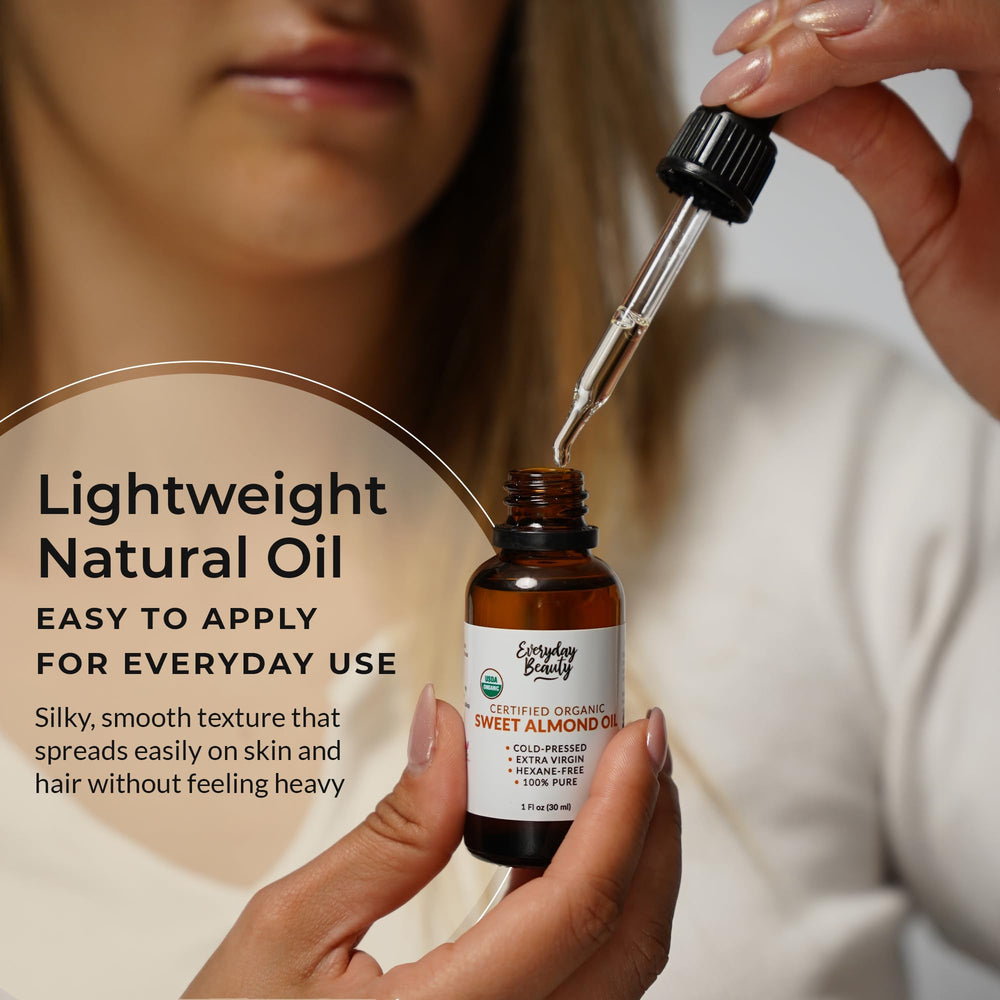 Everyday Beauty almond oil applied on face delivers soft, hydrated skin.