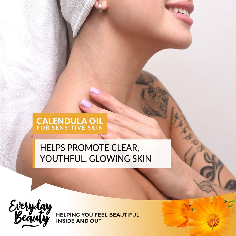 Everyday Beauty calendula oil amber bottle signals BPA-free packaging and freshness.