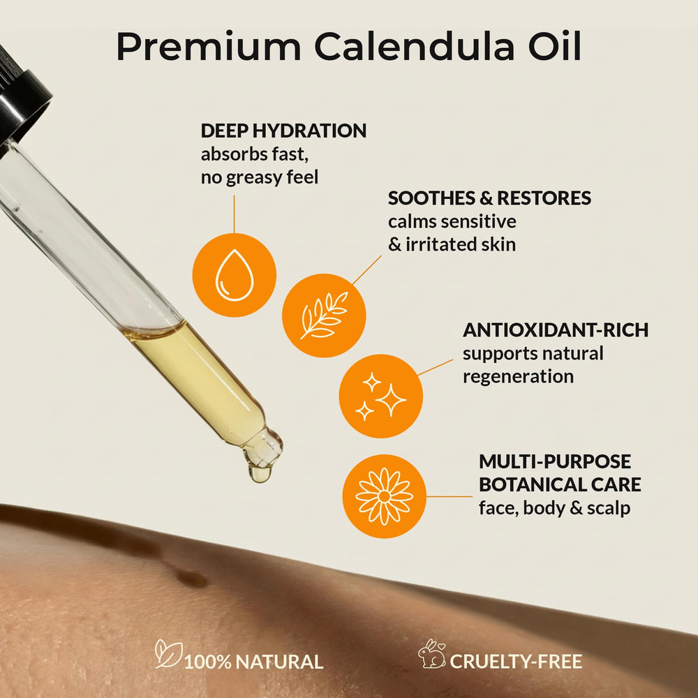 Everyday Beauty calendula oil amber glass bottle highlights safety and freshness