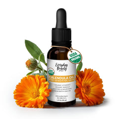 Everyday Beauty calendula oil bottle closeup for unscented hydration