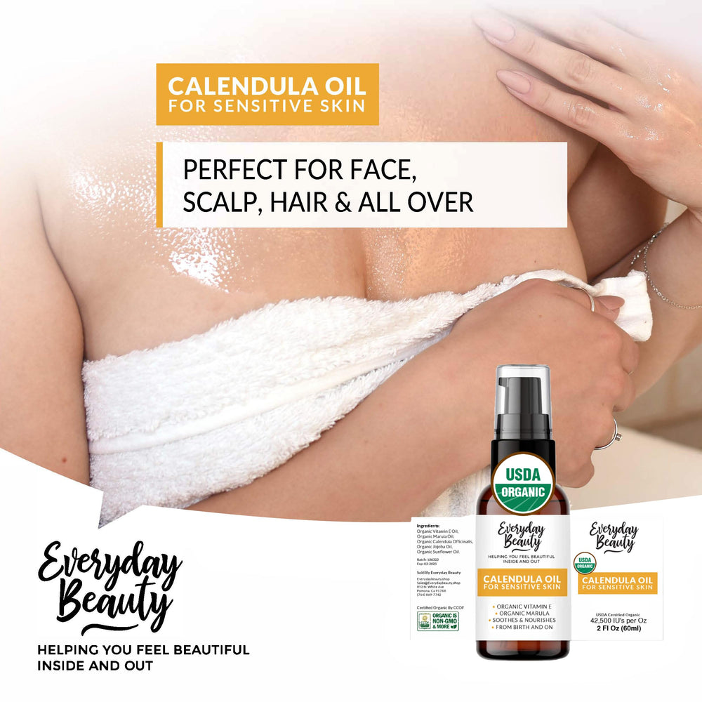 Everyday Beauty calendula oil being applied to the skin with visible hydration.