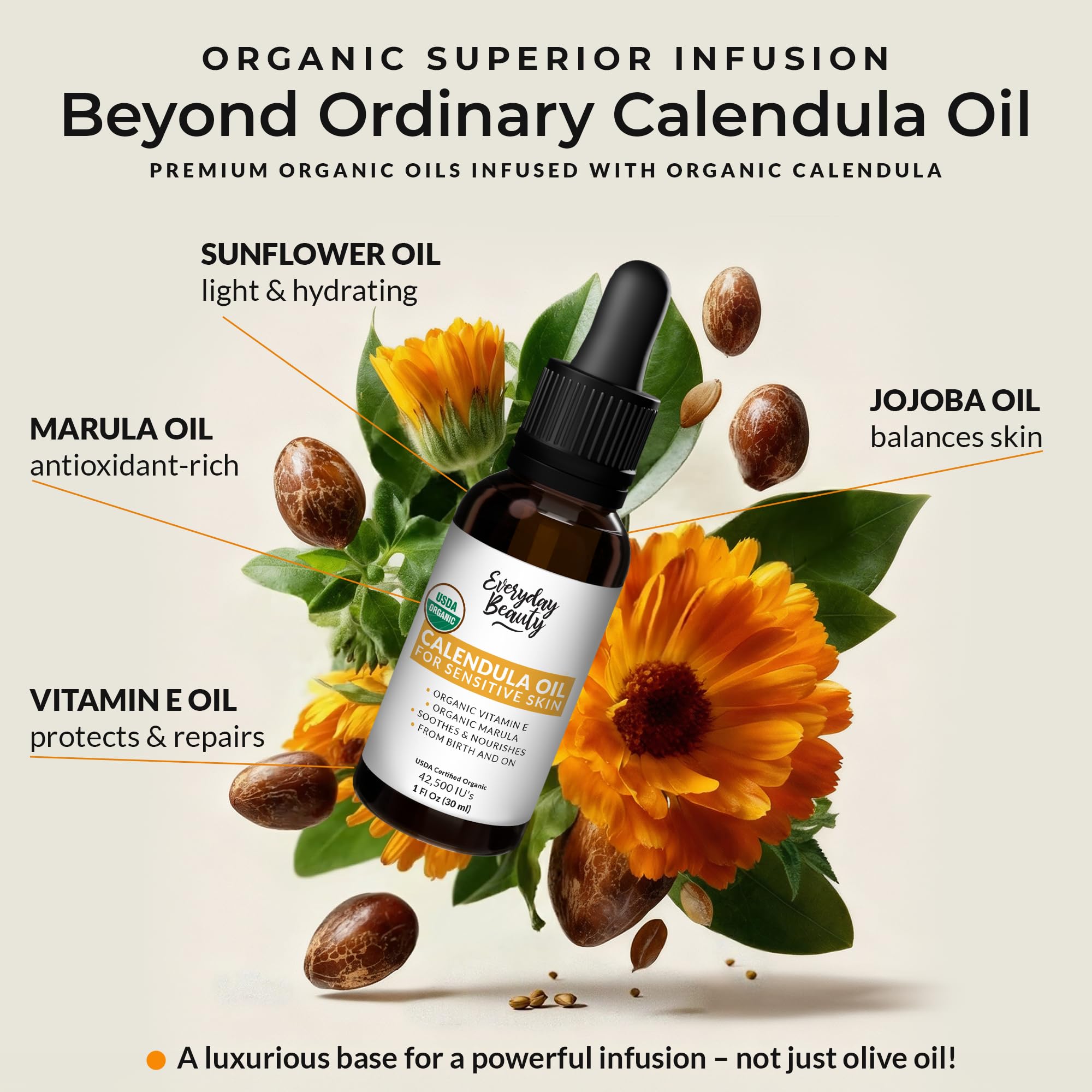 Everyday Beauty calendula oil dropper ready for precise application on dry skin