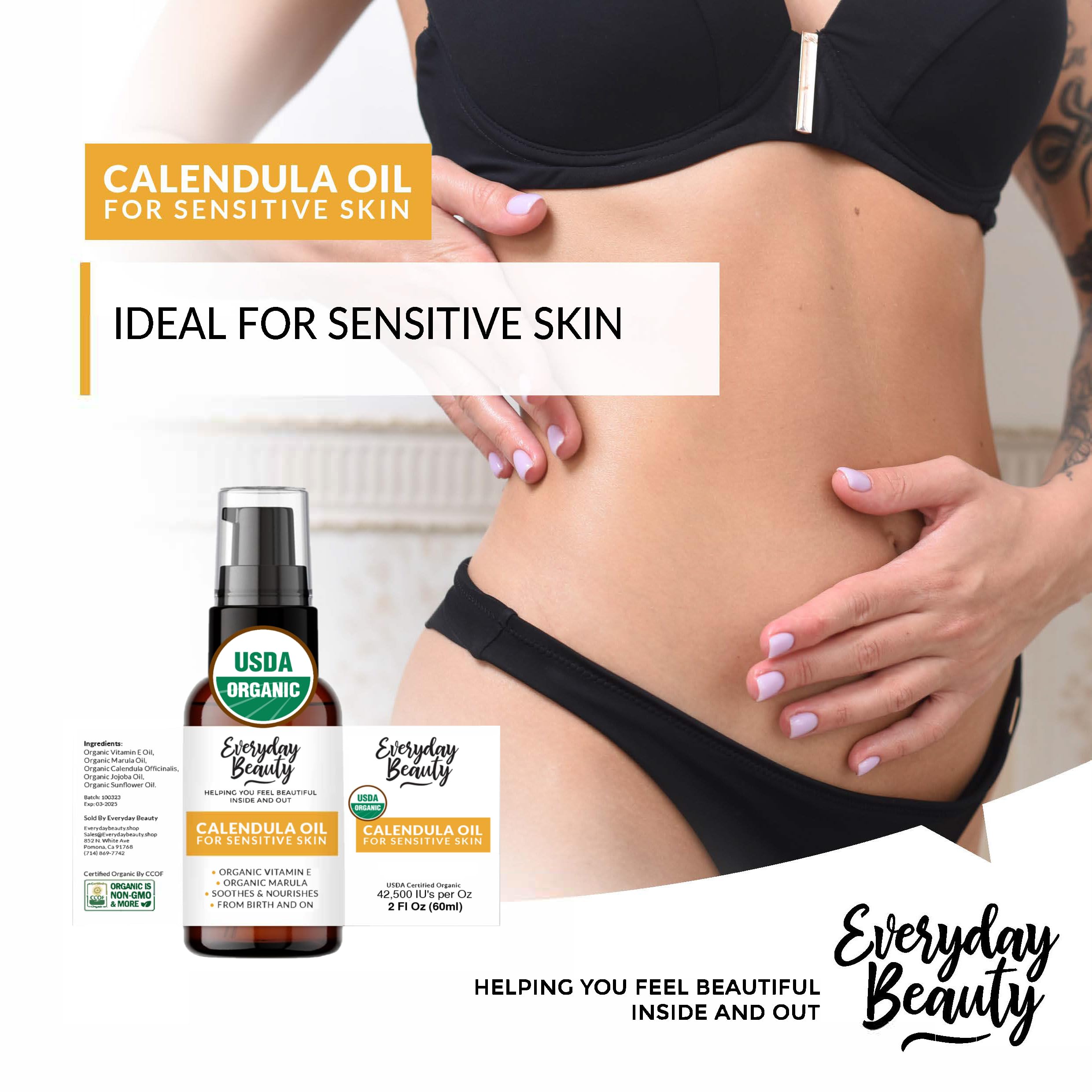 Everyday Beauty calendula oil for sensitive skin labeled packaging confirms fragrance-free formula.