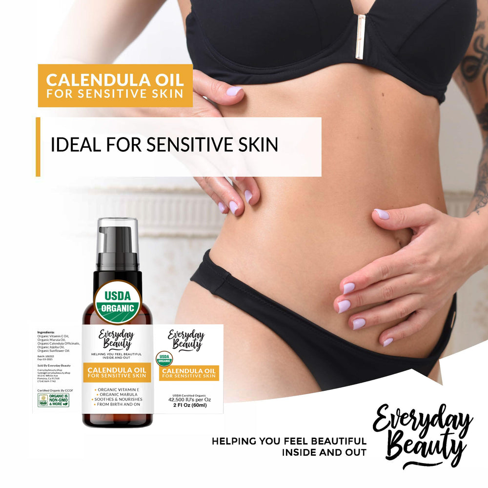 Everyday Beauty calendula oil for sensitive skin labeled packaging confirms fragrance-free formula.