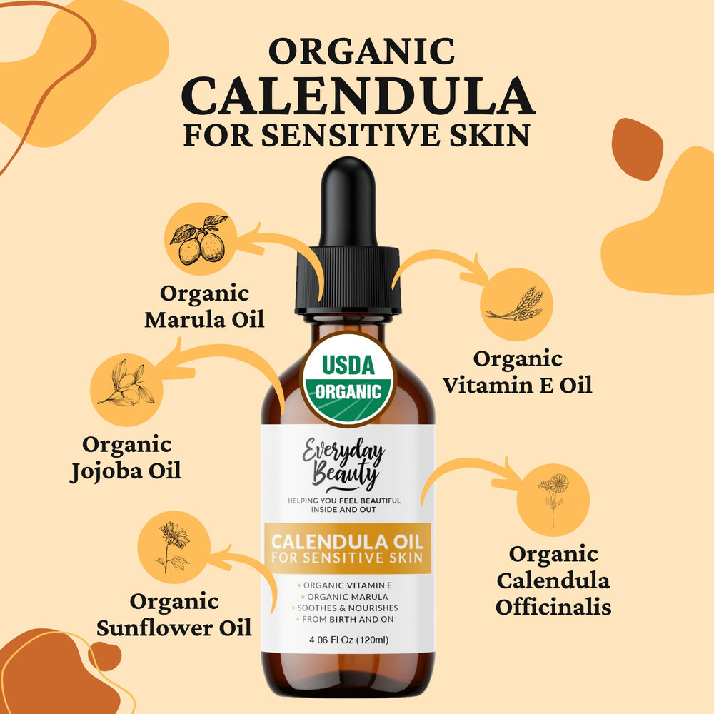 Everyday Beauty calendula oil ingredient blend close-up.