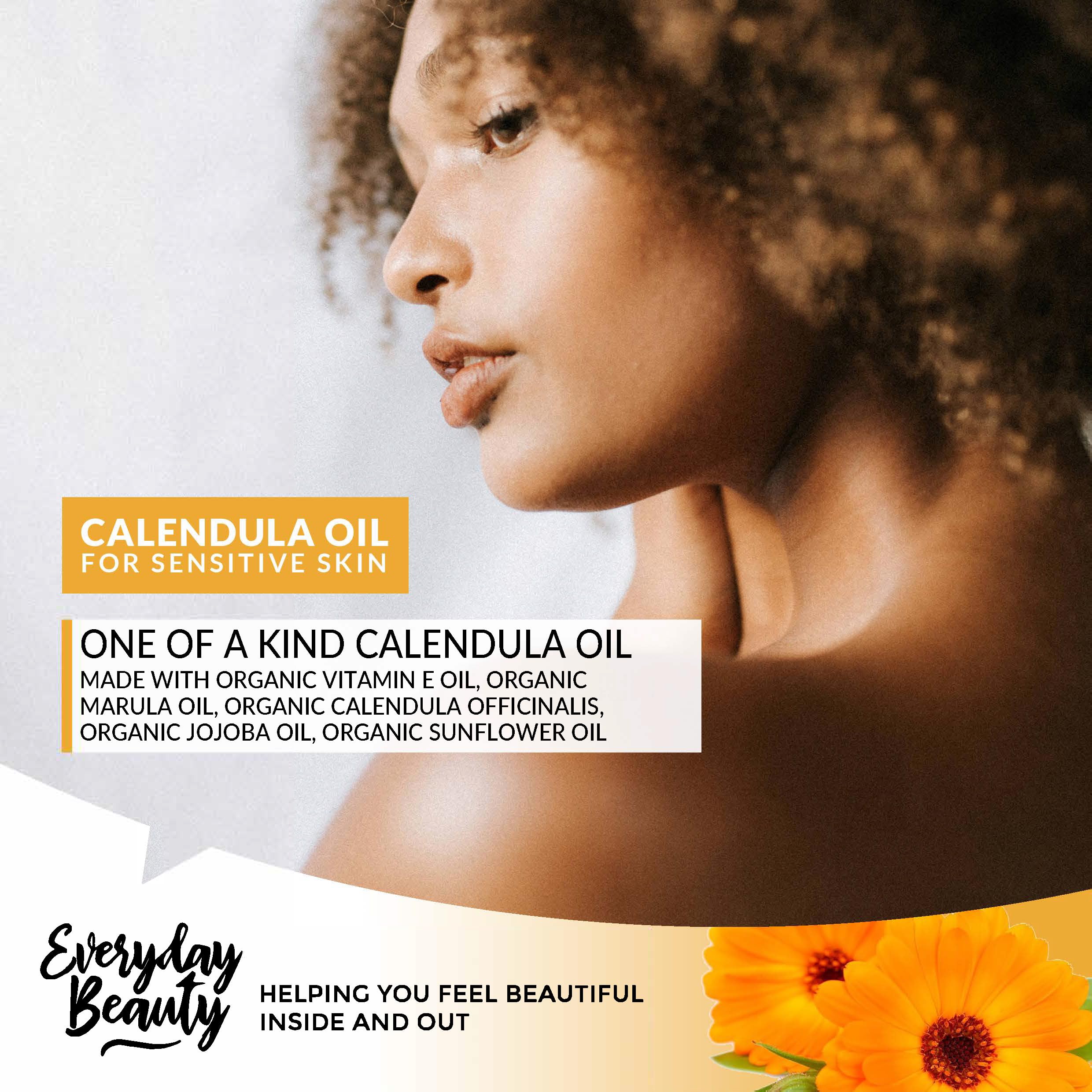 Everyday Beauty calendula oil ingredients highlight organic blend for gentle nourishment.