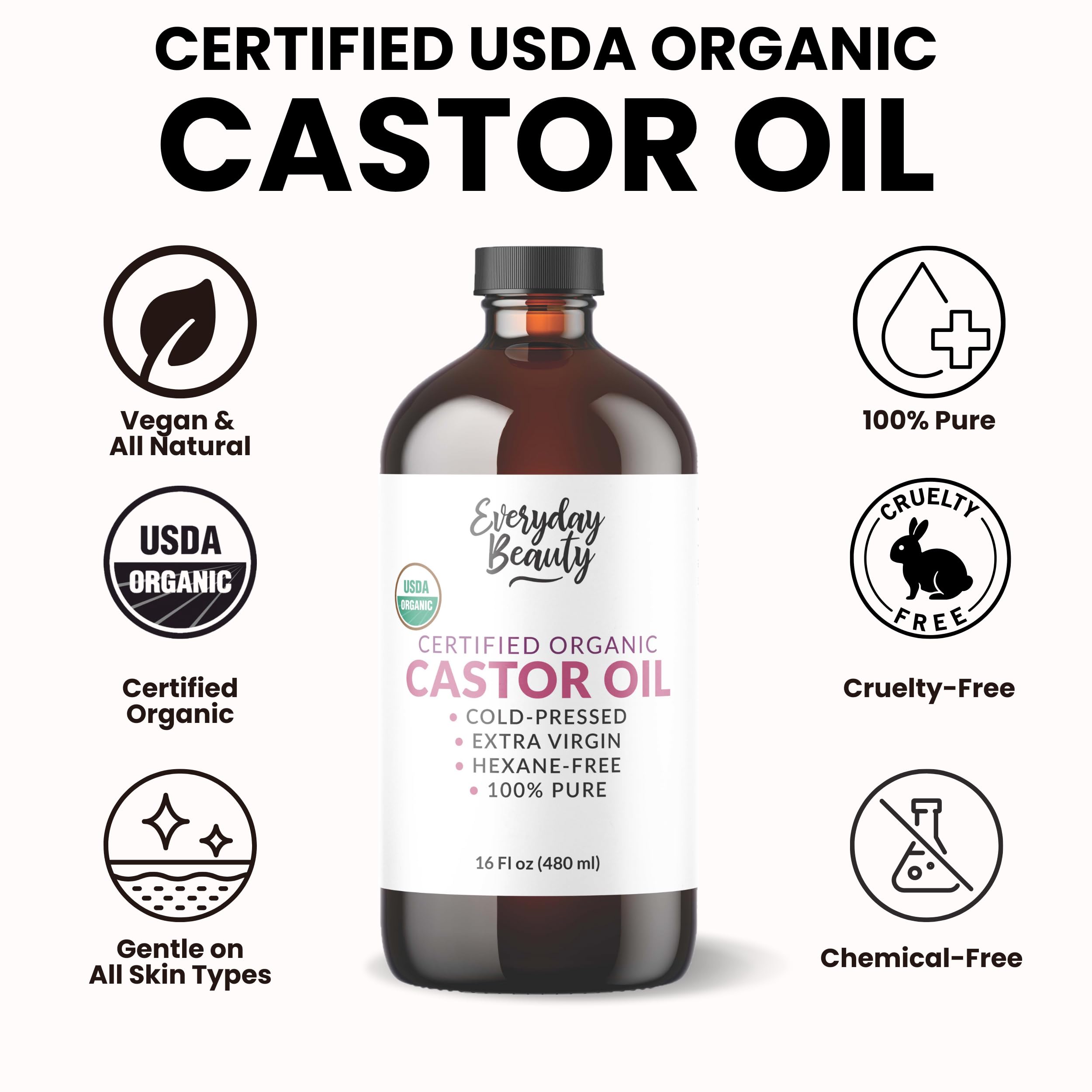 Everyday Beauty Castor Oil label closeup shows purity and hexane-free cold-pressed oil.