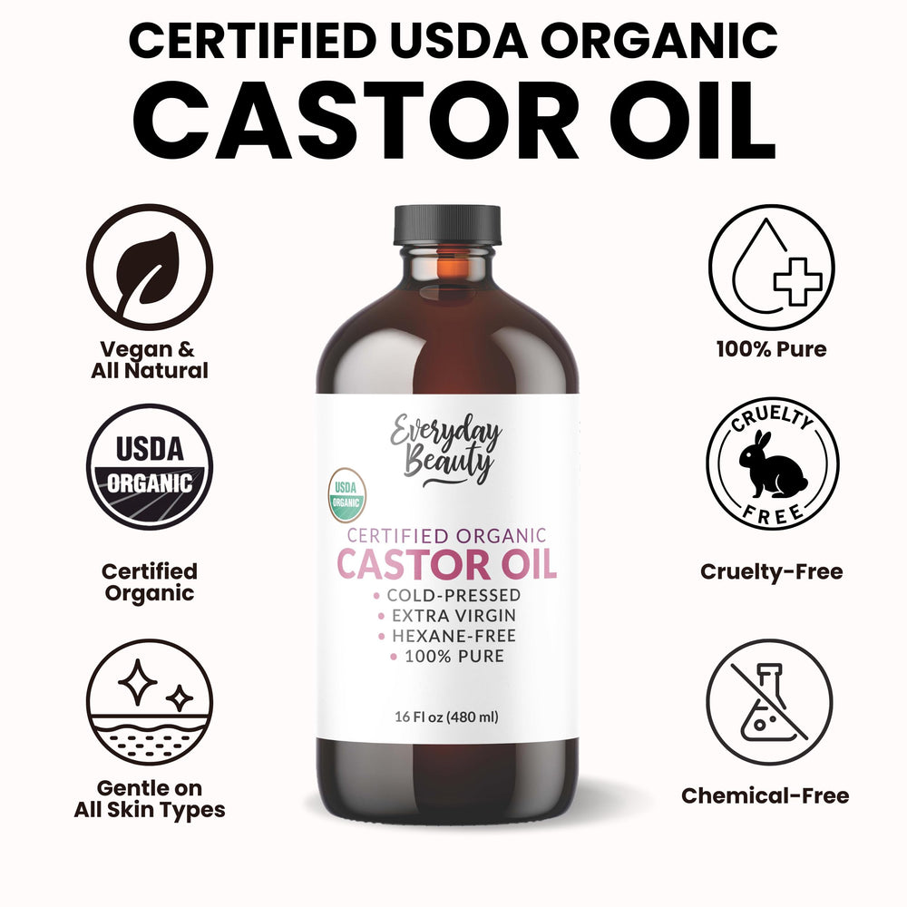 Everyday Beauty Castor Oil label closeup shows purity and hexane-free cold-pressed oil.