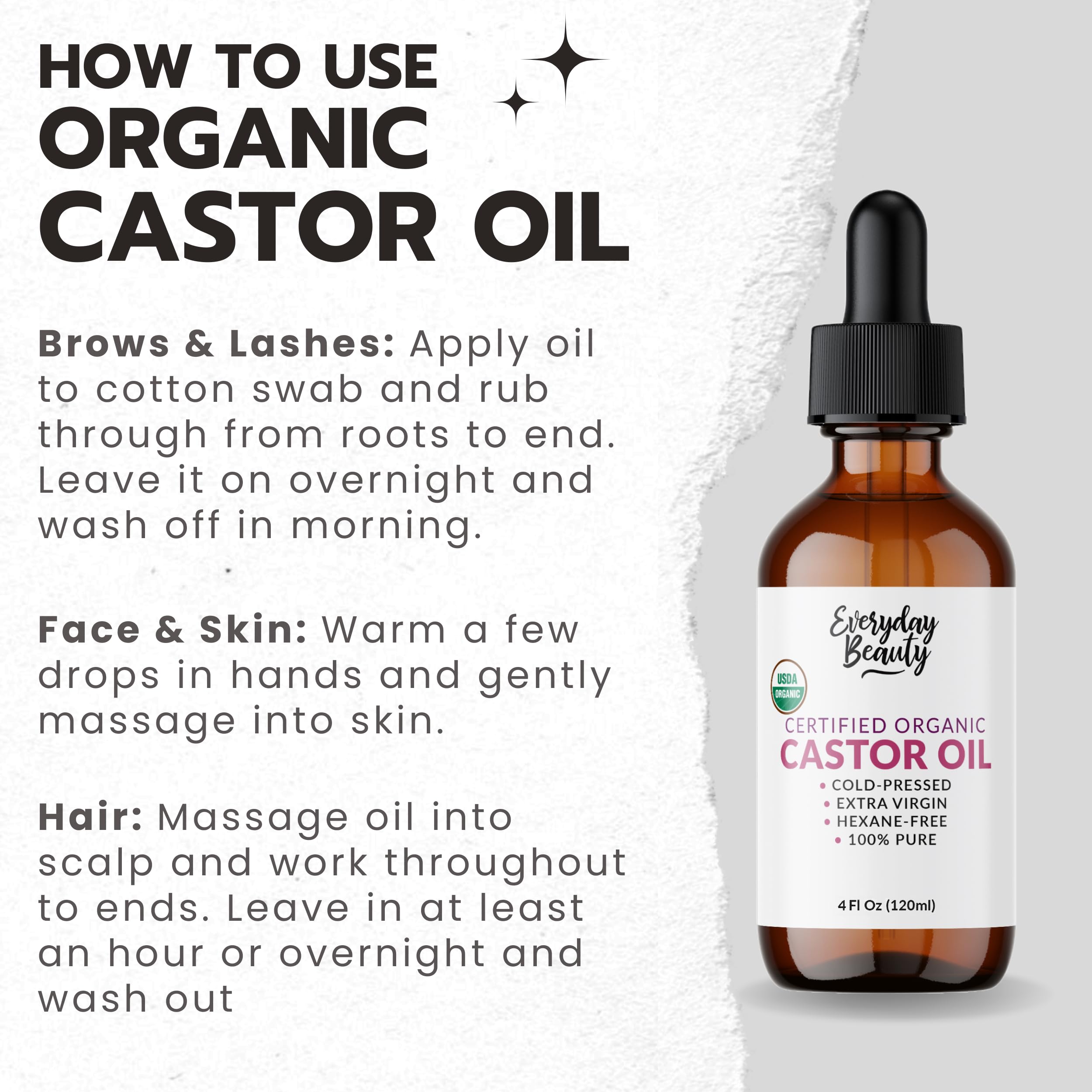 Everyday Beauty castor oil bottle close-up suitable for castor oil packs.
