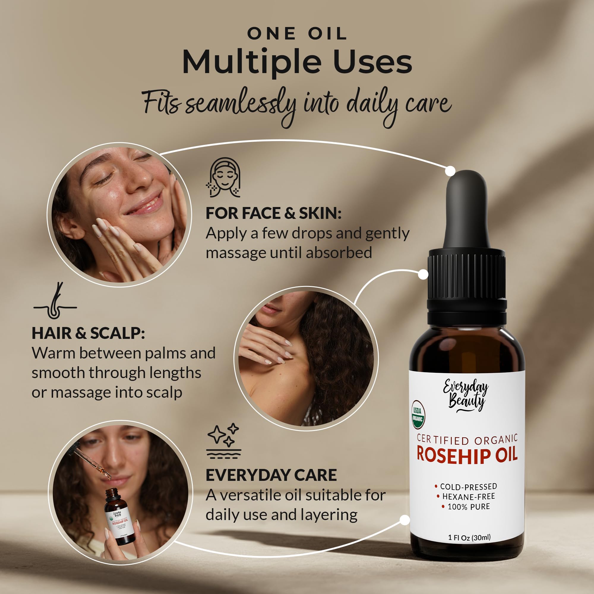Everyday Beauty Cold-Pressed Rosehip Oil preserves nutrients for brighter skin.