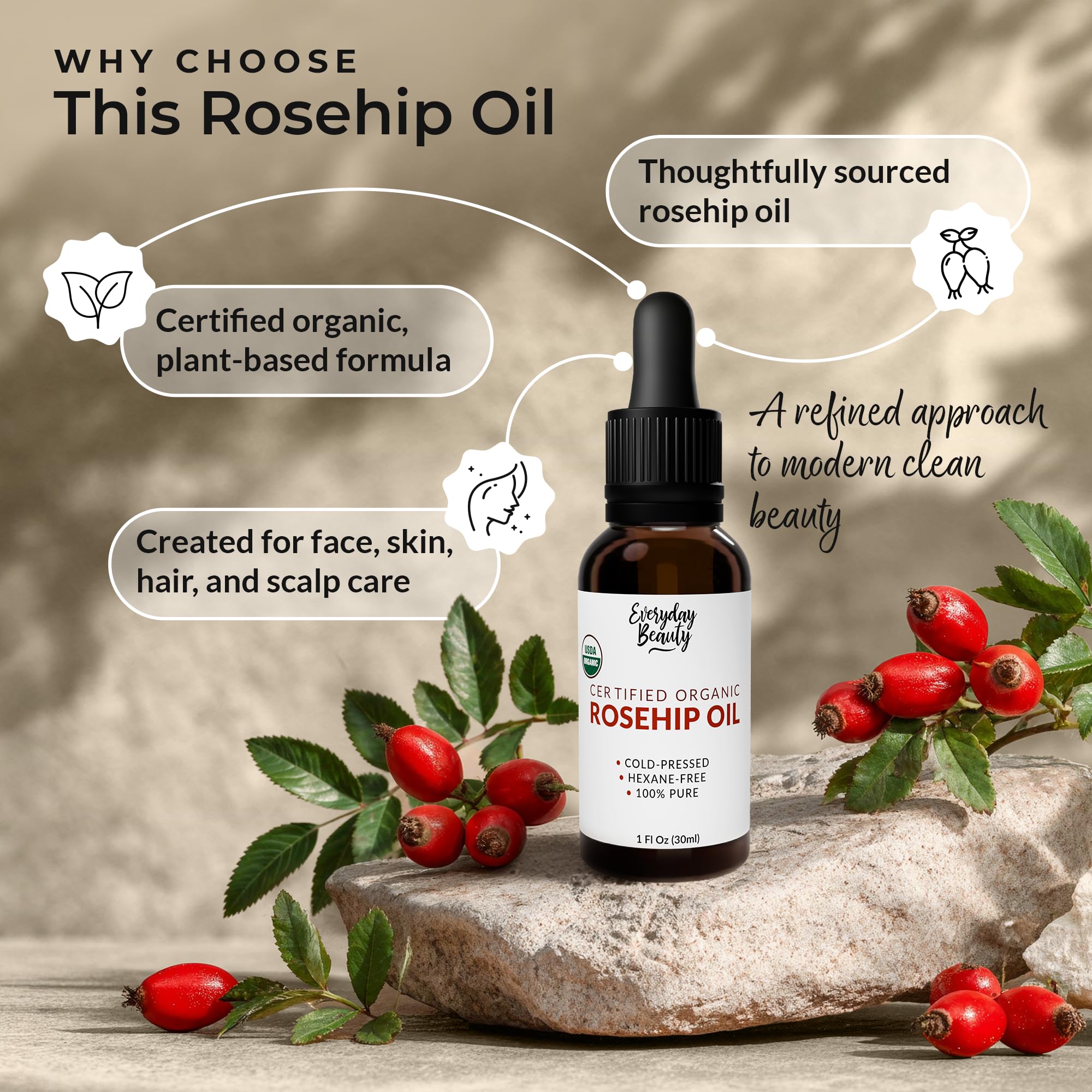 Everyday Beauty Rosehip Oil absorbs quickly, leaving a non-greasy finish.