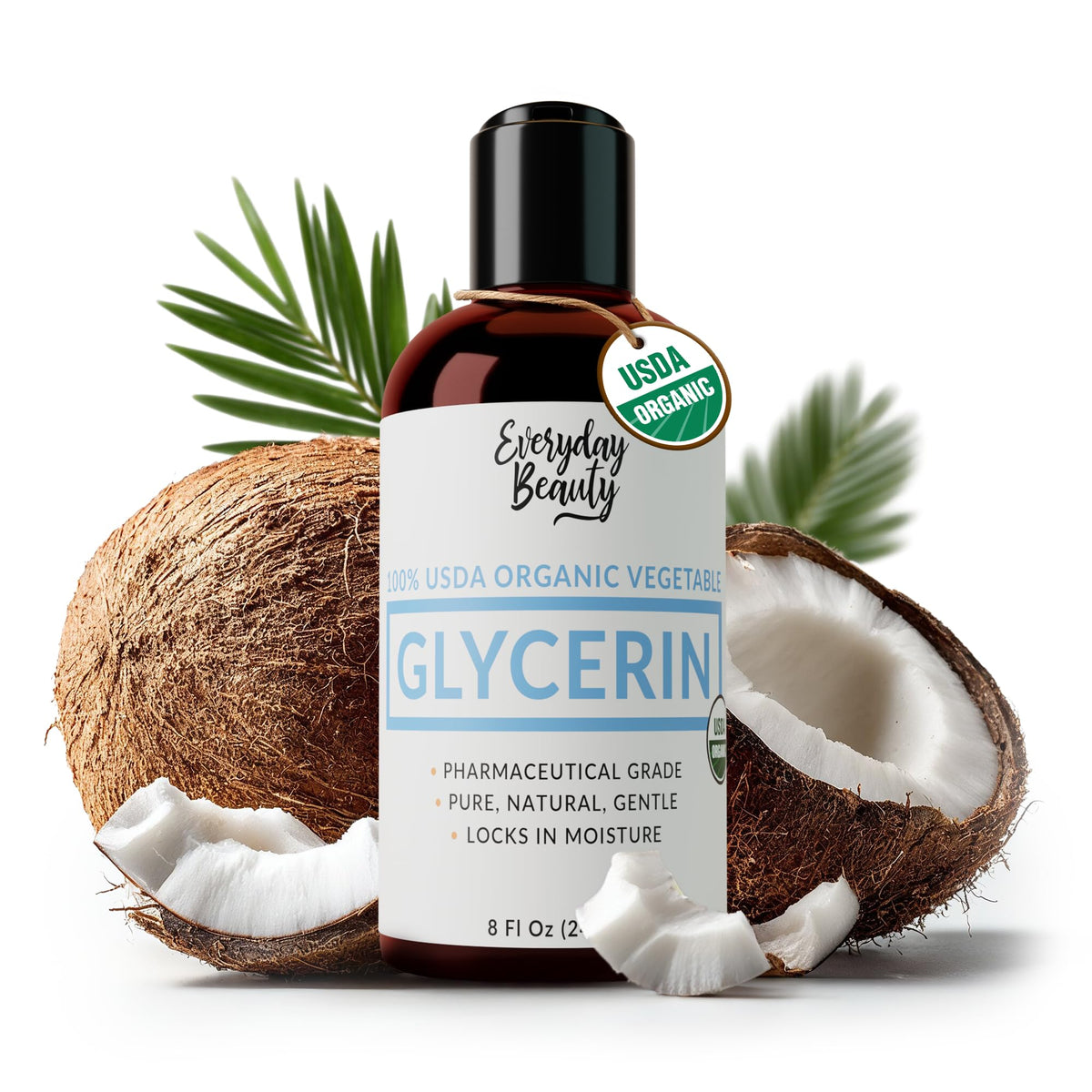 Everyday Beauty glycerin bottle pour for coconut-derived skin hydration and DIY blends.