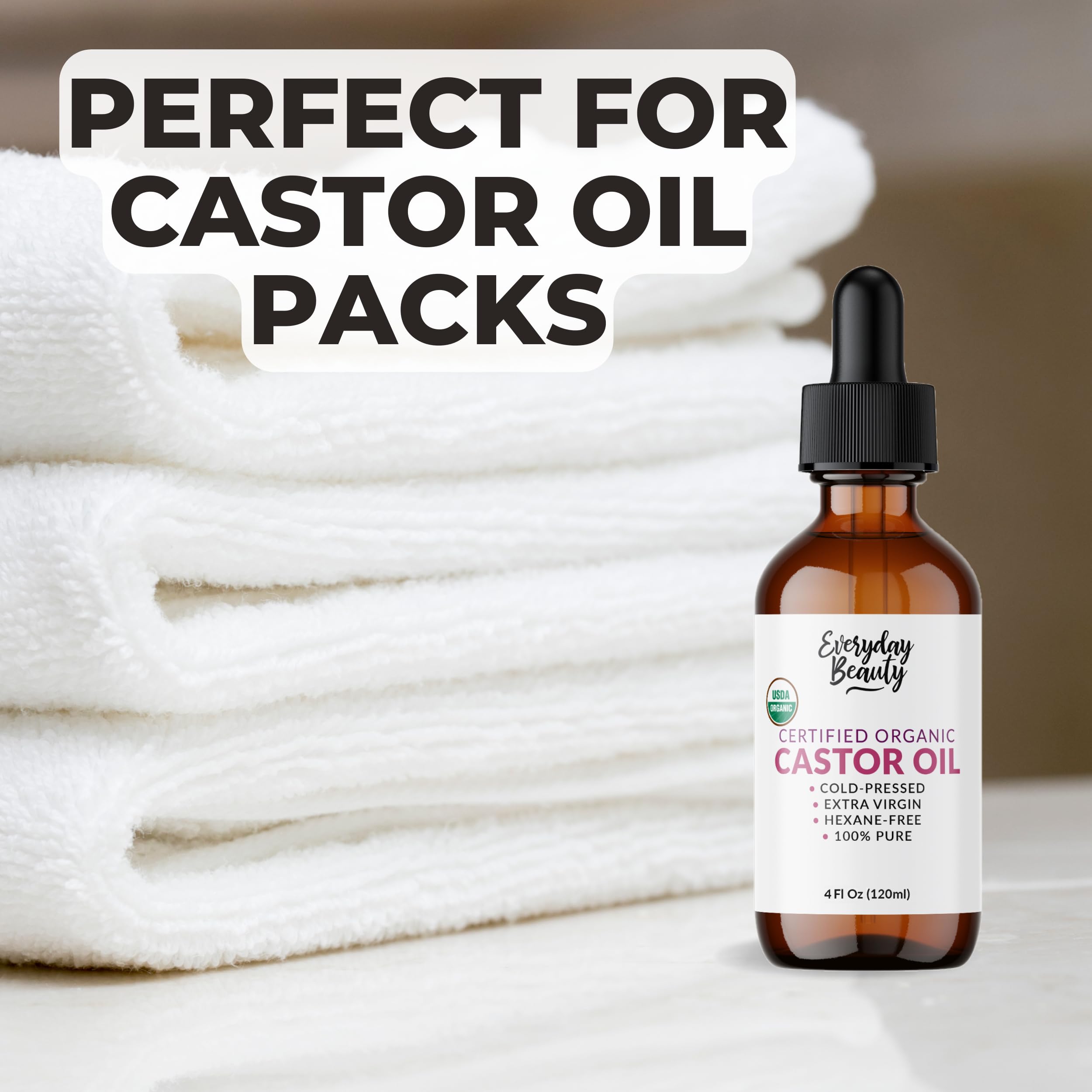 Everyday Beauty hair and skin routine with hexane-free castor oil.