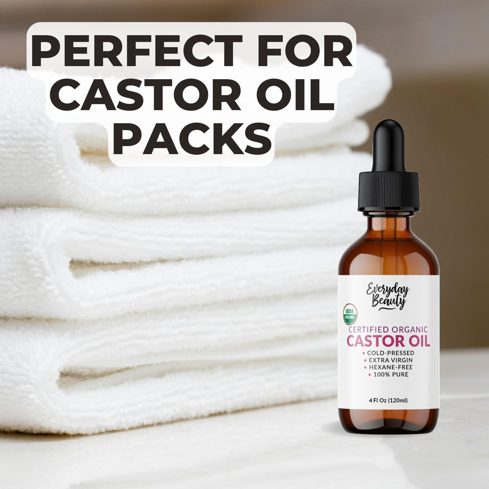 Everyday Beauty hair and skin routine with hexane-free castor oil.