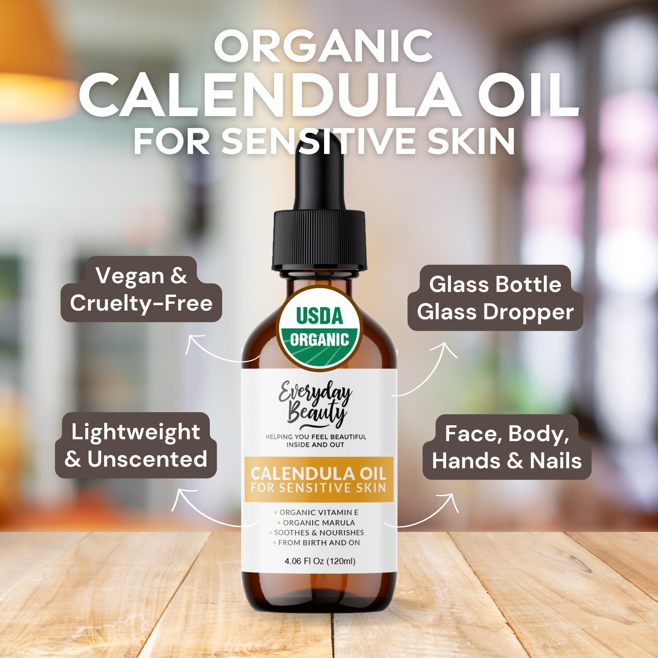 Everyday Beauty calendula oil in amber glass bottle.