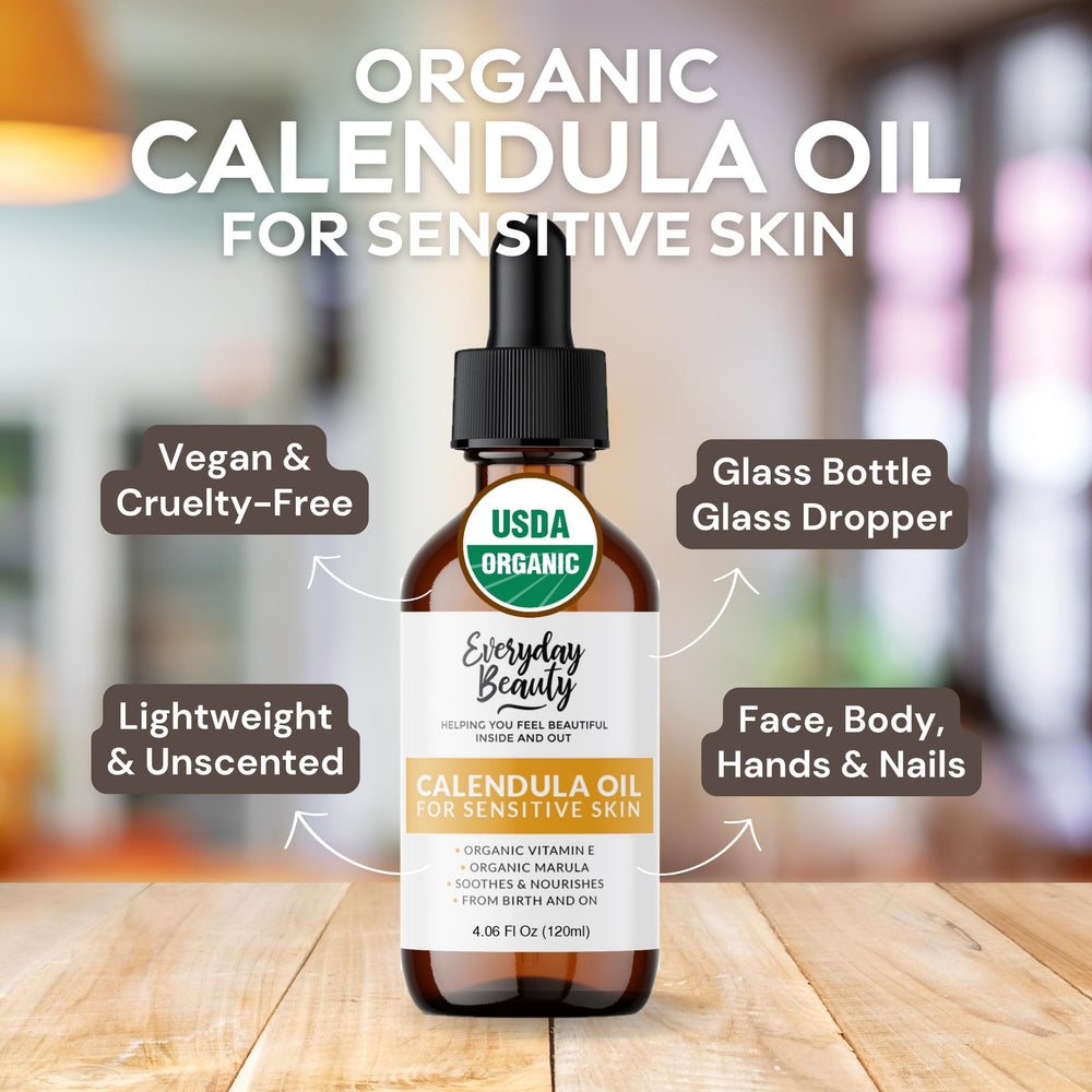 Everyday Beauty calendula oil in amber glass bottle.