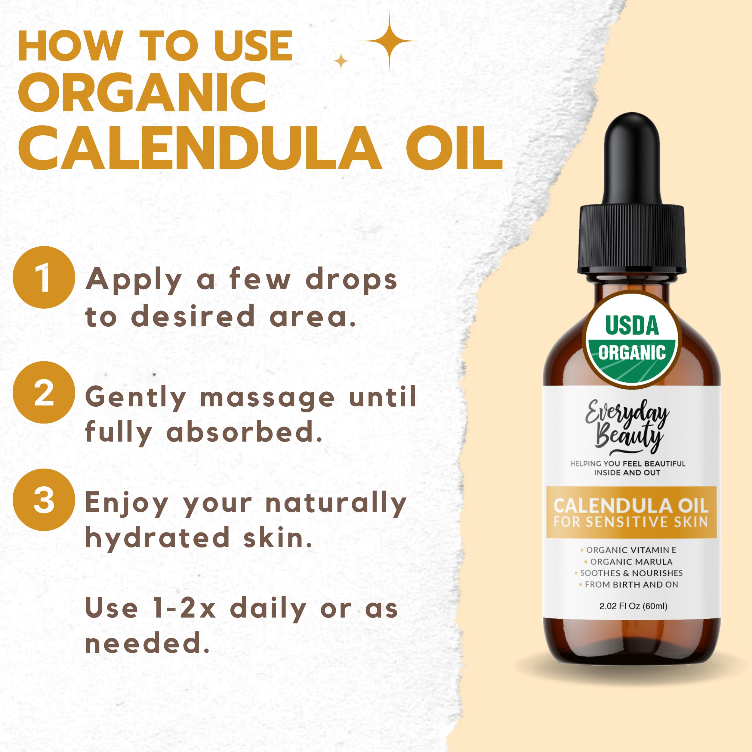 Everyday Beauty Calendula Oil dropper ready for precise facial application.