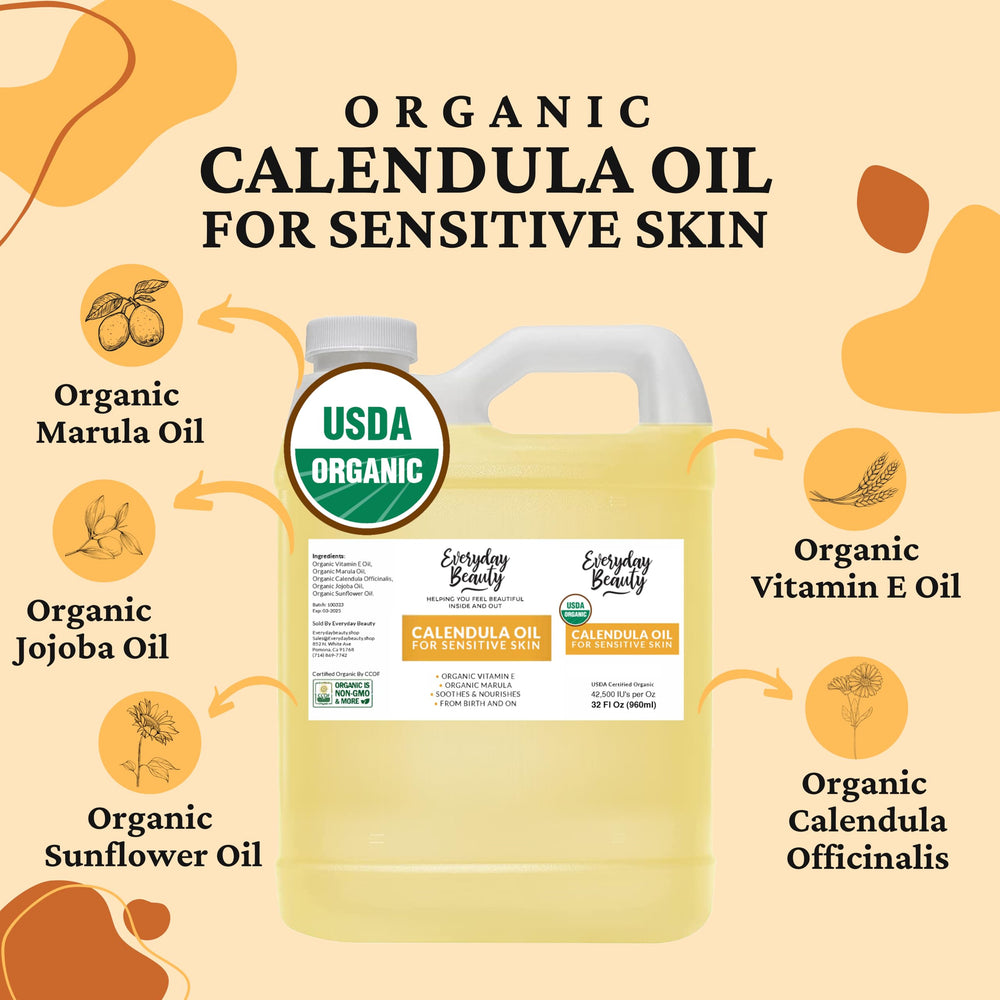 everyday beauty calendula oil blend close-up with vitamin e and jojoba.