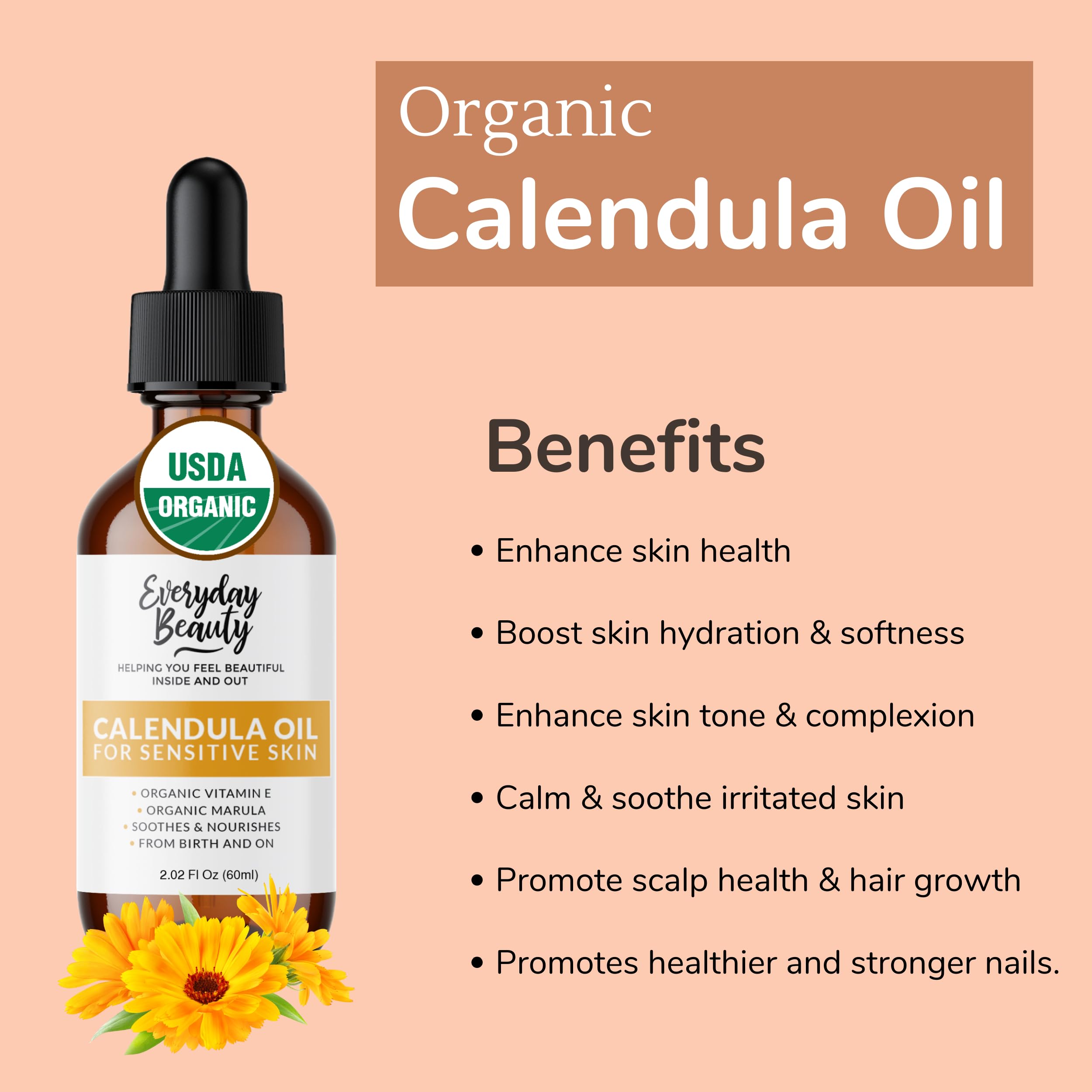 Everyday Beauty Organic Calendula Oil ingredients include calendula, jojoba, sunflower, marula, and vitamin E.