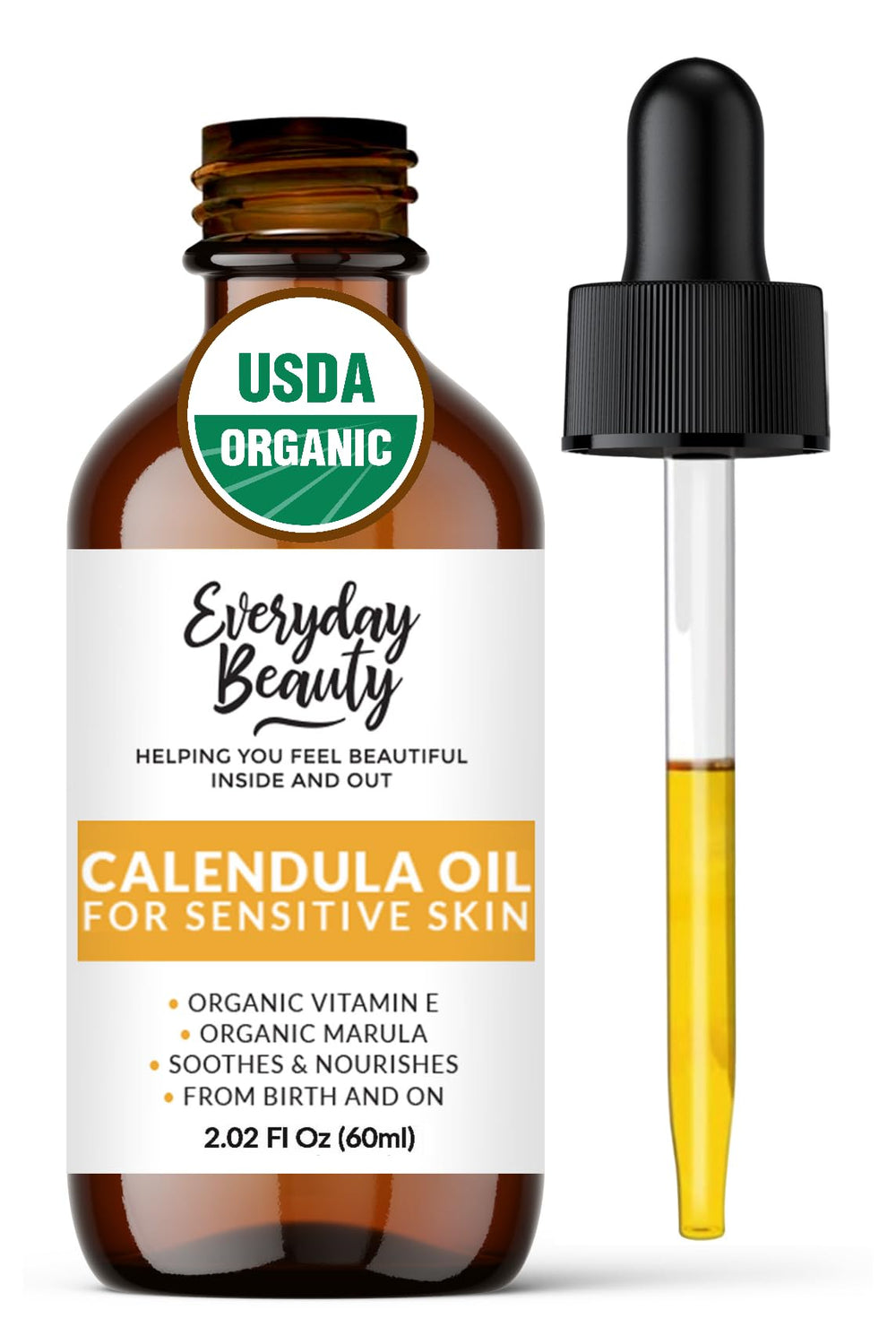 Everyday Beauty Organic Calendula Oil label shows organic ingredients for sensitive skin.