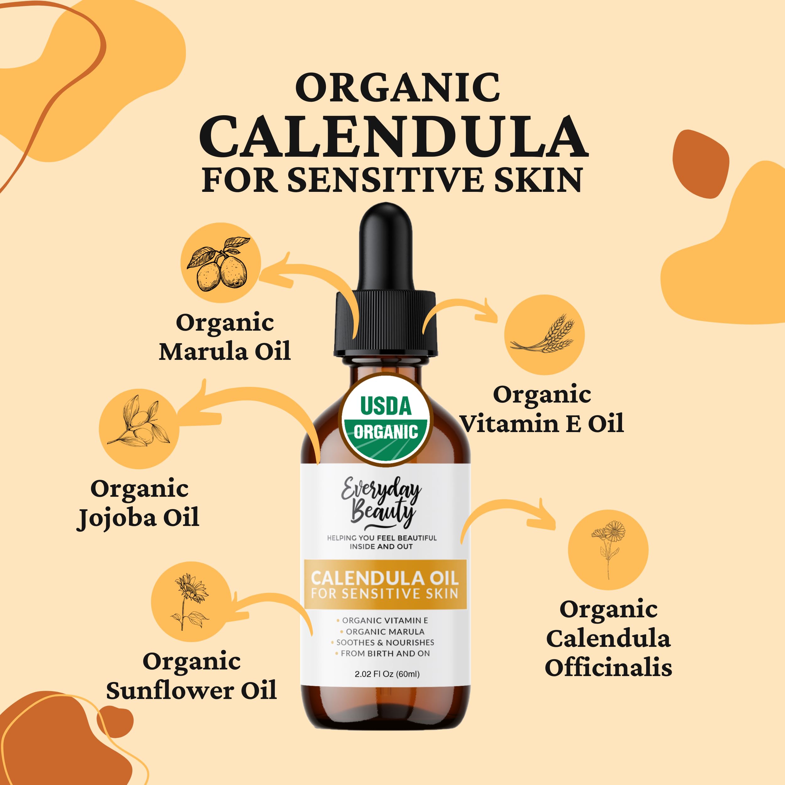 Everyday Beauty Calendula Oil texture close-up indicating quick absorption on dry skin.