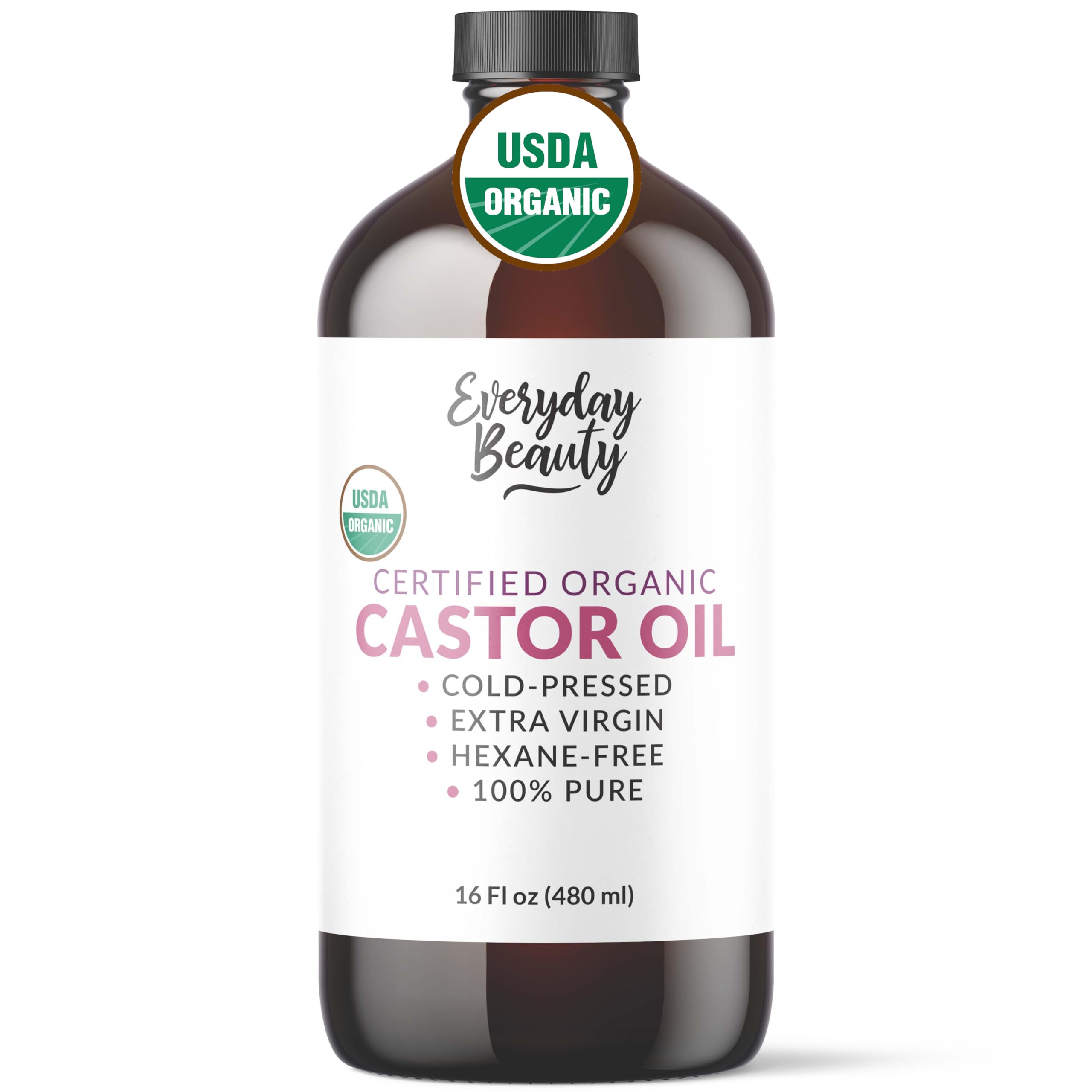 Everyday Beauty Organic Castor Oil 16oz bottle for nourishing skin and hair.
